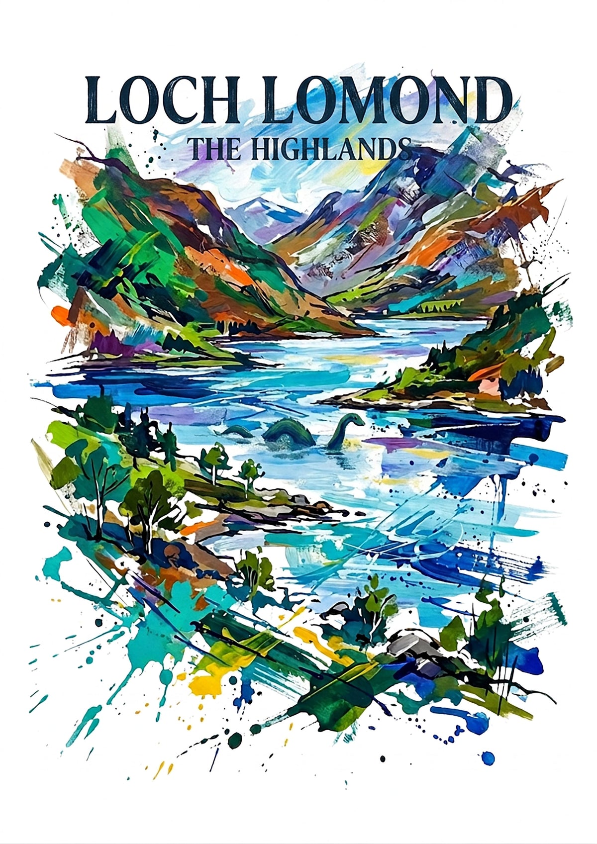 Unframed colorful landscape art print with bold blue water and green mountain splashes