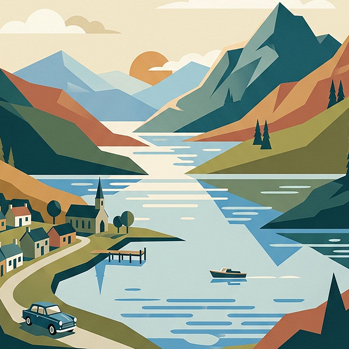 Loch Lomond Retro Travel Print – Mid‑Century Scottish Highlands Wall Art