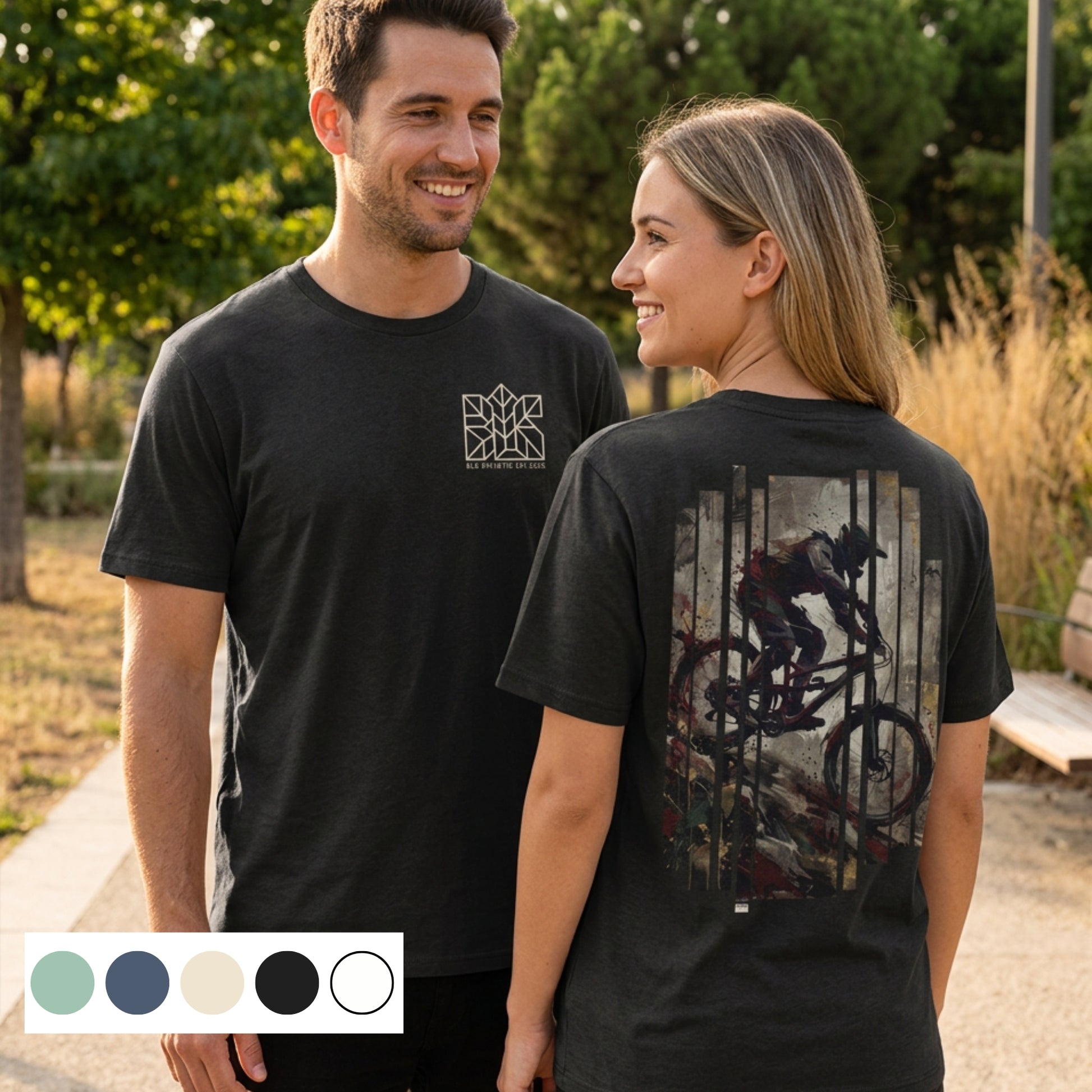 Black unisex mountain bike tee with small front logo and large back downhill rider graphic
