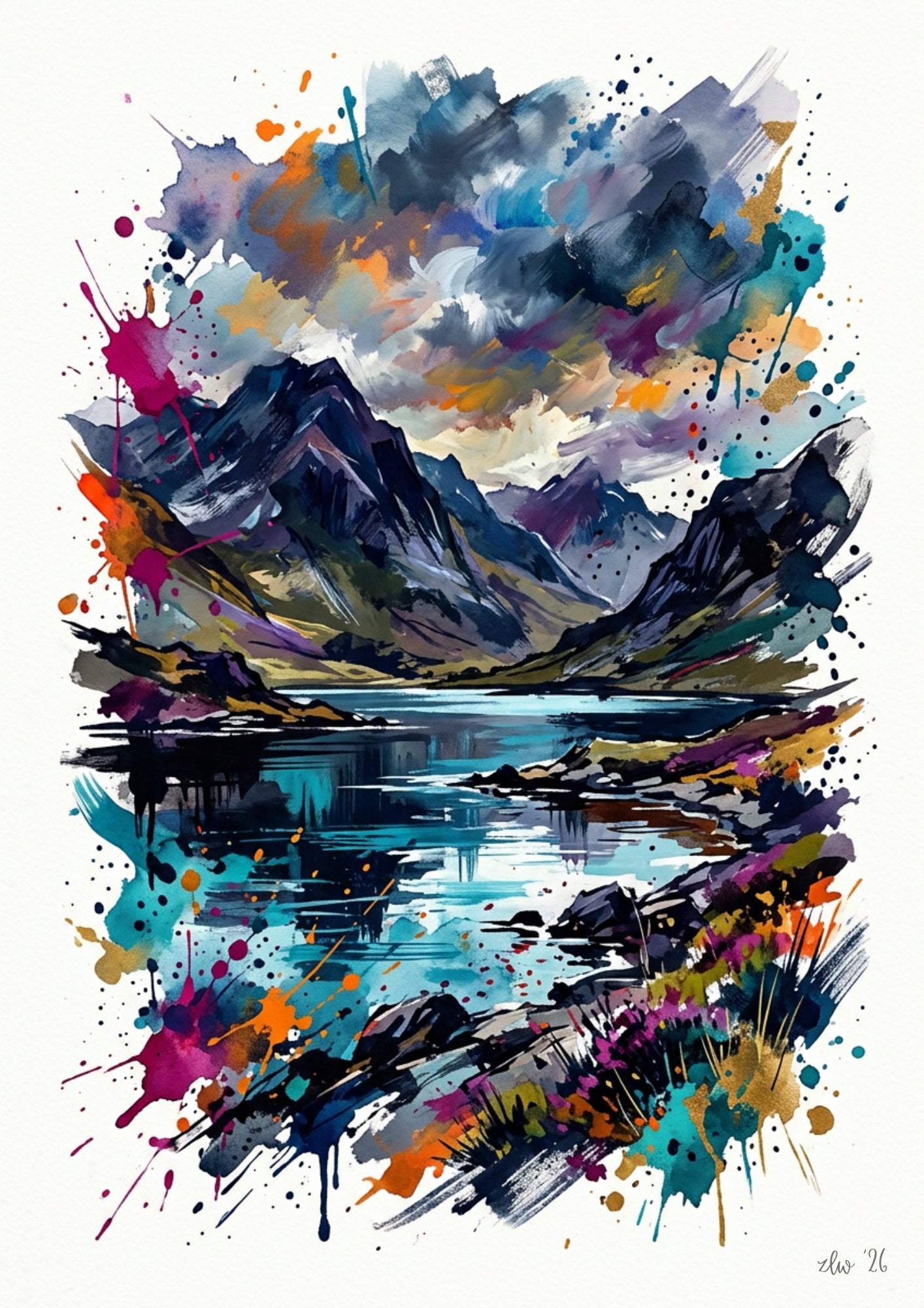 Expressive Mountain Lake Coloursplash Art Print – Modern Adventure Collection Landscape