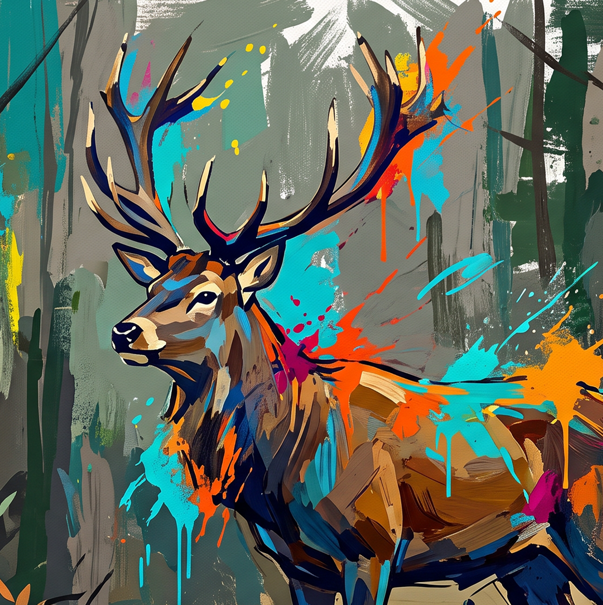 Vibrant stag with antlers in close-up forest color-splash illustration