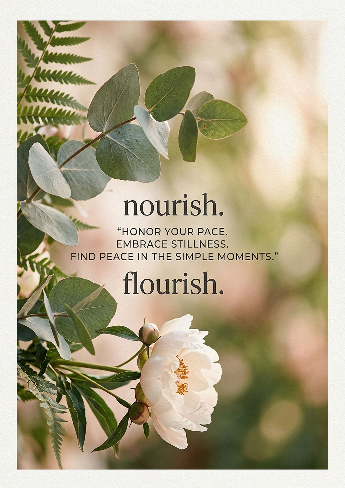 “Nourish & Flourish” Peony Wellness Art Print – Mindfulness & Self‑Care Wall Art