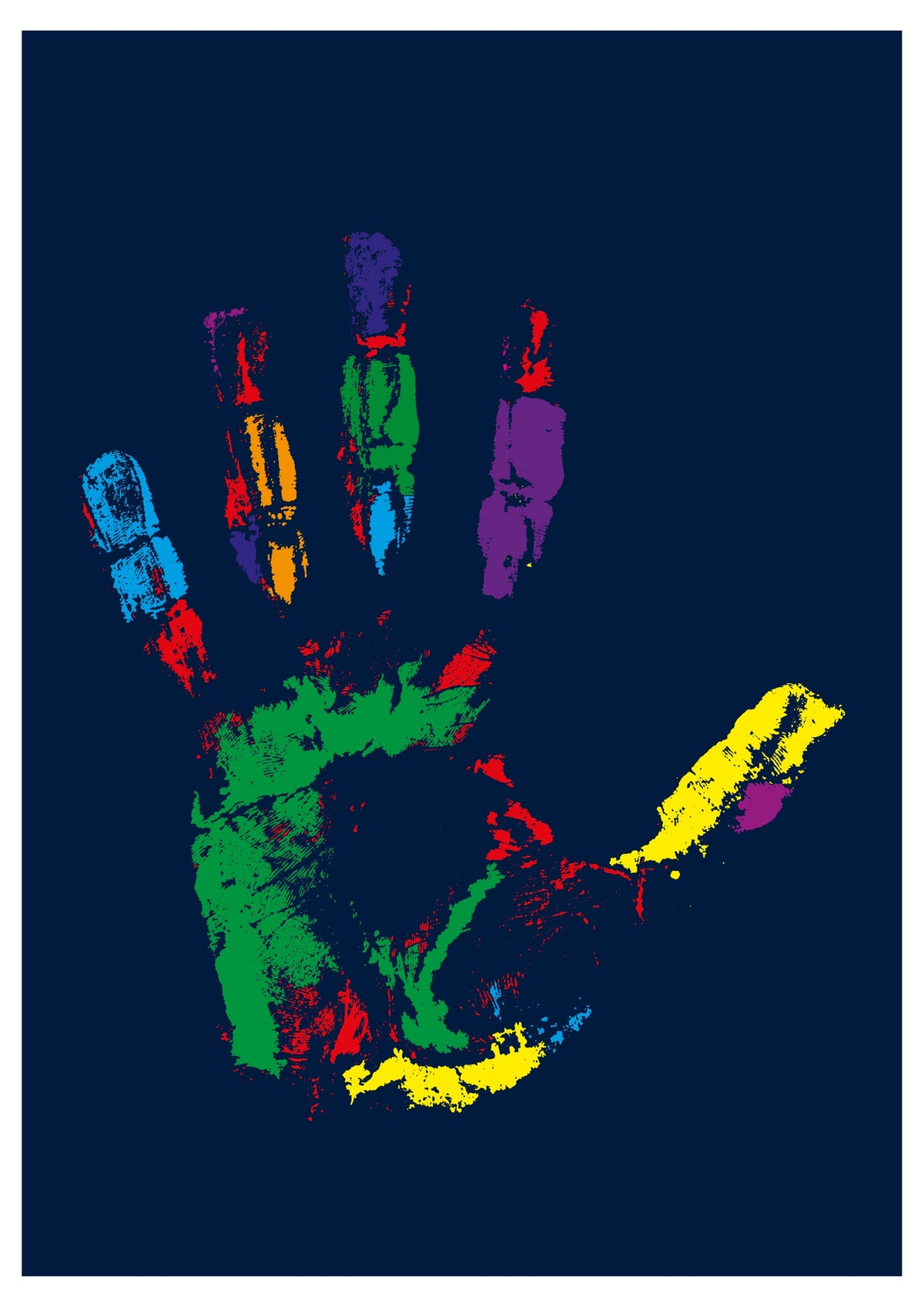 Navy handprint art print with colorful paint-splatter hand, centered