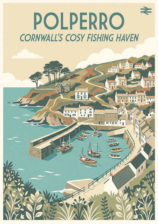 Polperro Cornwall Travel Poster – Vintage Fishing Harbour Wall Art