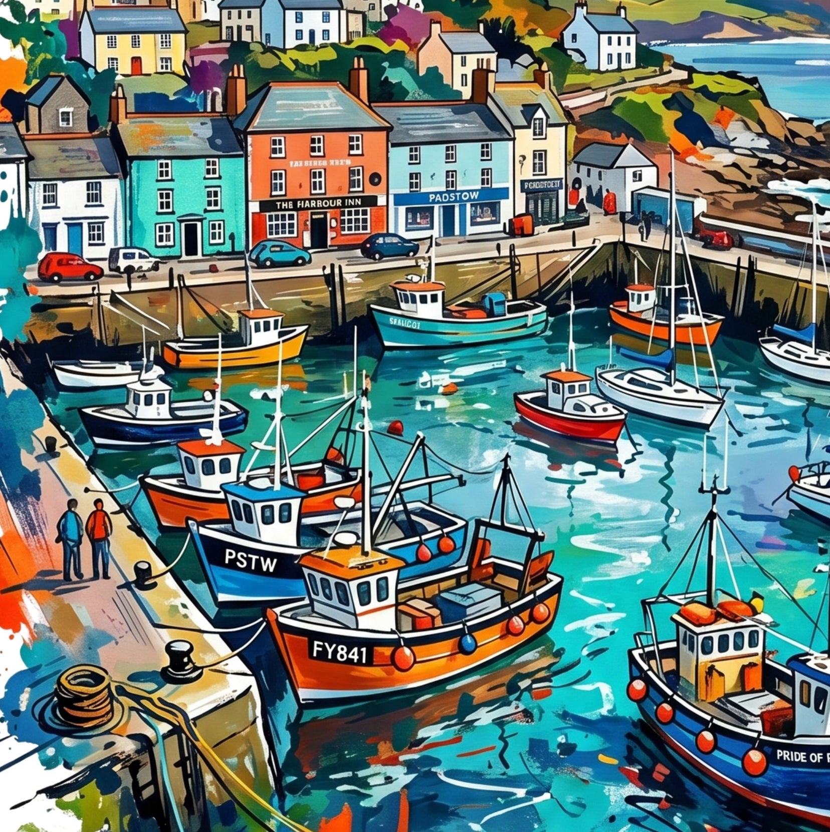 Colorful harbor boats and town buildings wall art print, tight crop