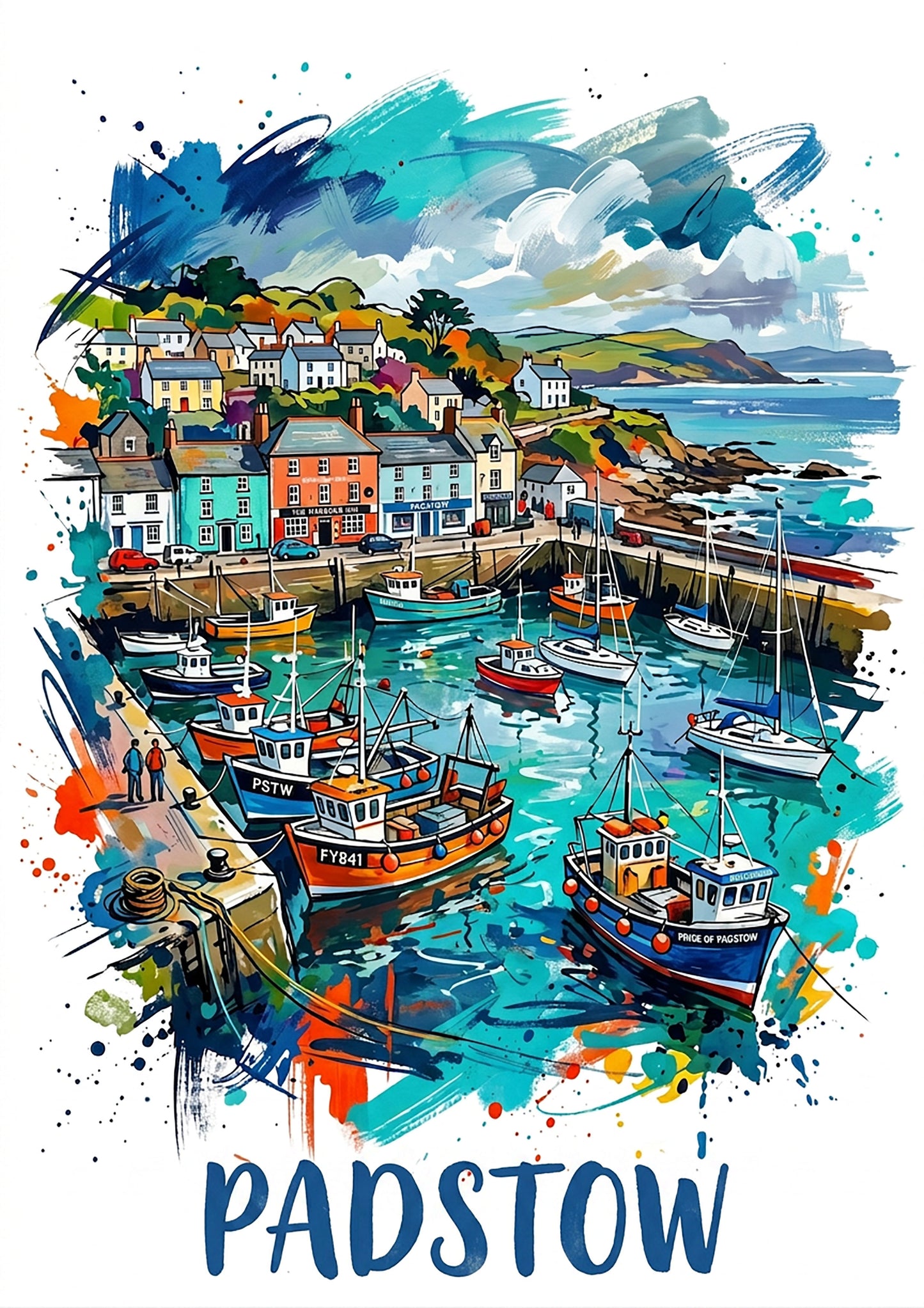 Padstow travel print wall art with colorful harbor boats and town skyline, blue text