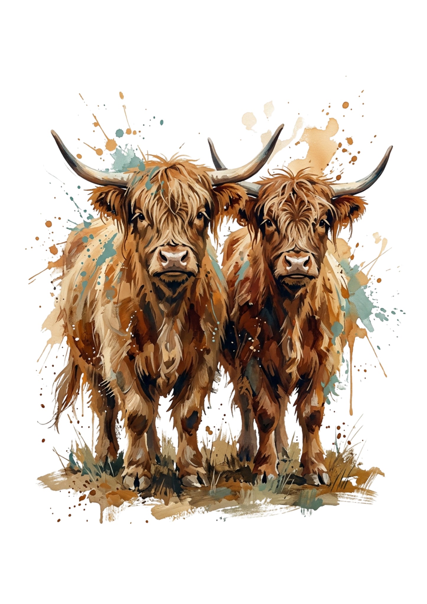 Highland Cow Pair Coloursplash Print – Expressive Countryside Artwork