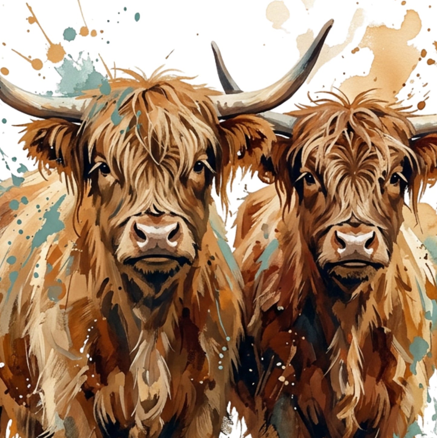 Highland Cow Pair Coloursplash Print – Expressive Countryside Artwork