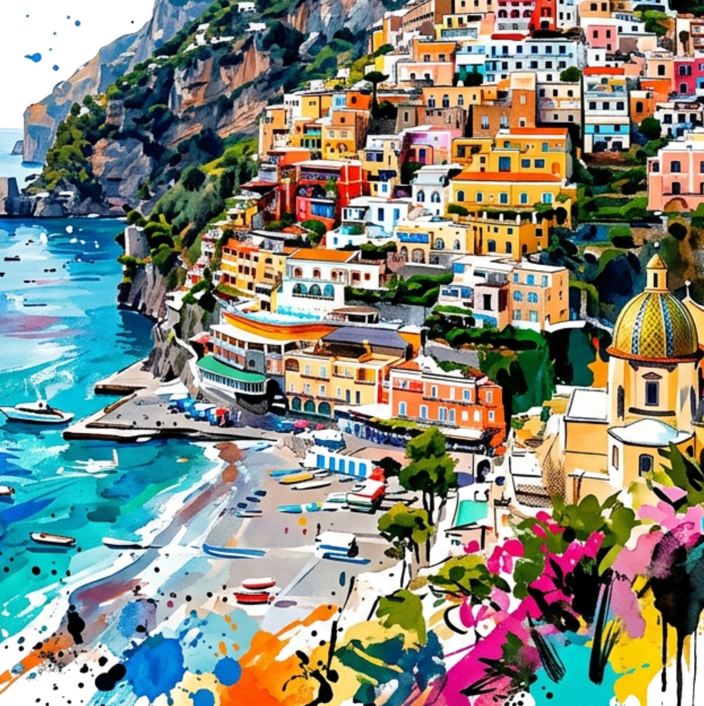 Positano Coloursplash Travel Print – Modern Amalfi Coast Wall Art