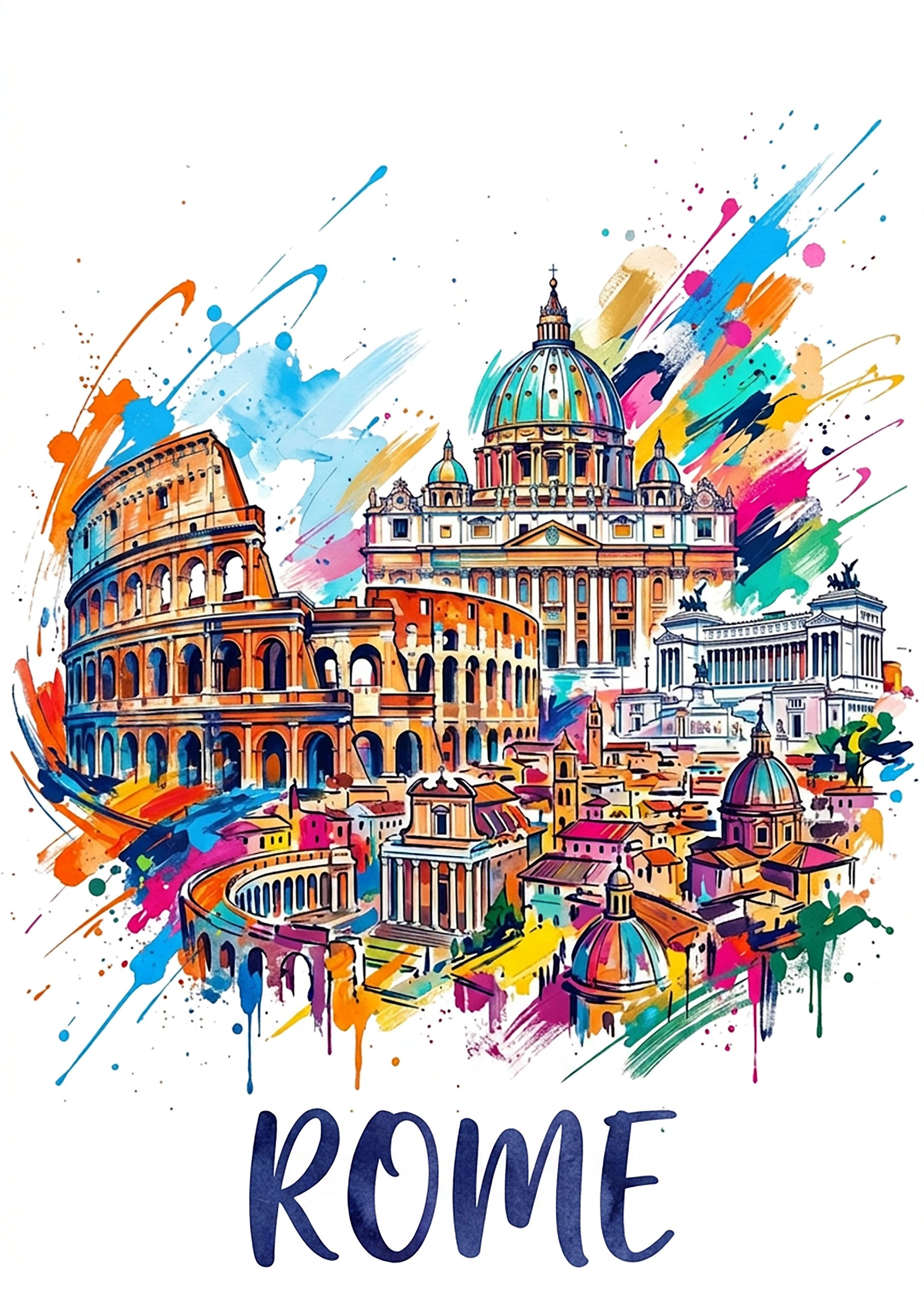 Rome watercolor splash art print with domed landmark, arches, and 'ROME' lettering