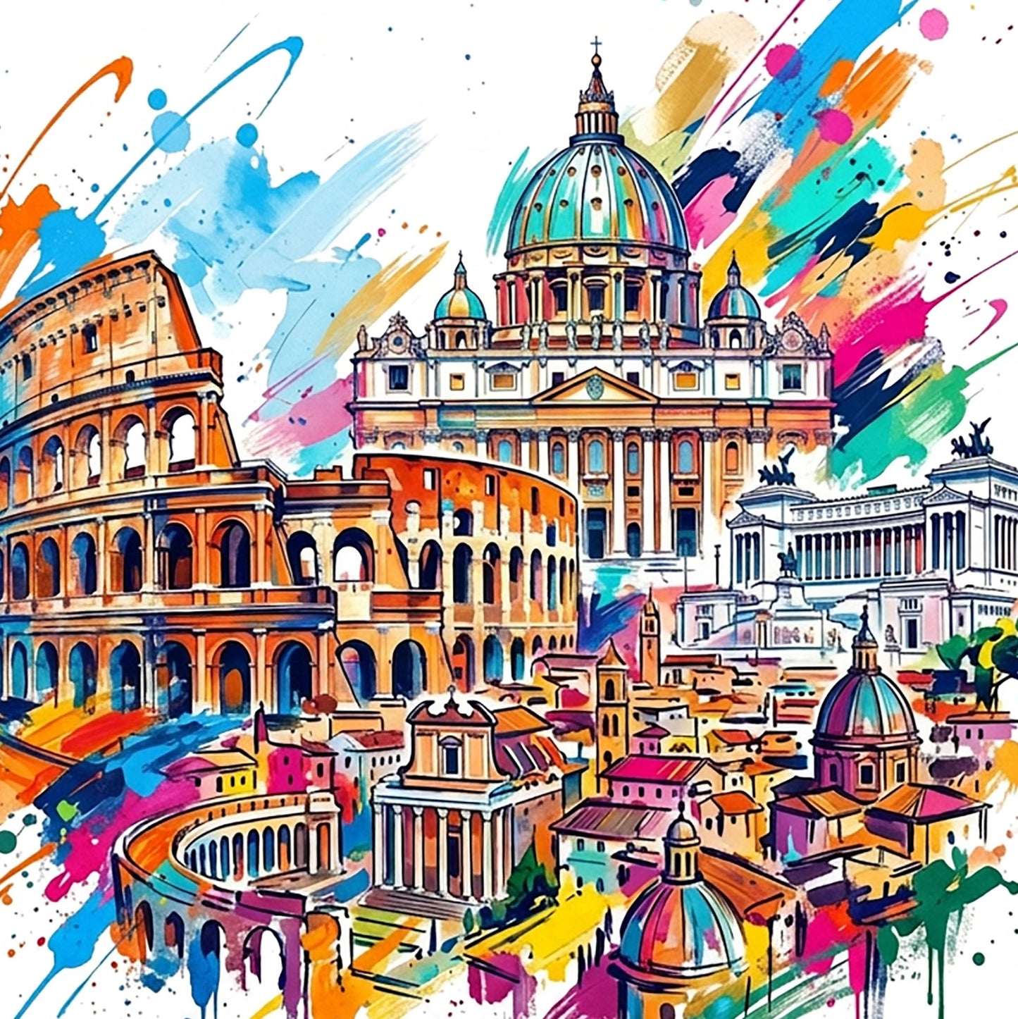 Rome watercolor splash illustration featuring domed cathedral, arches, and multicolor splatter