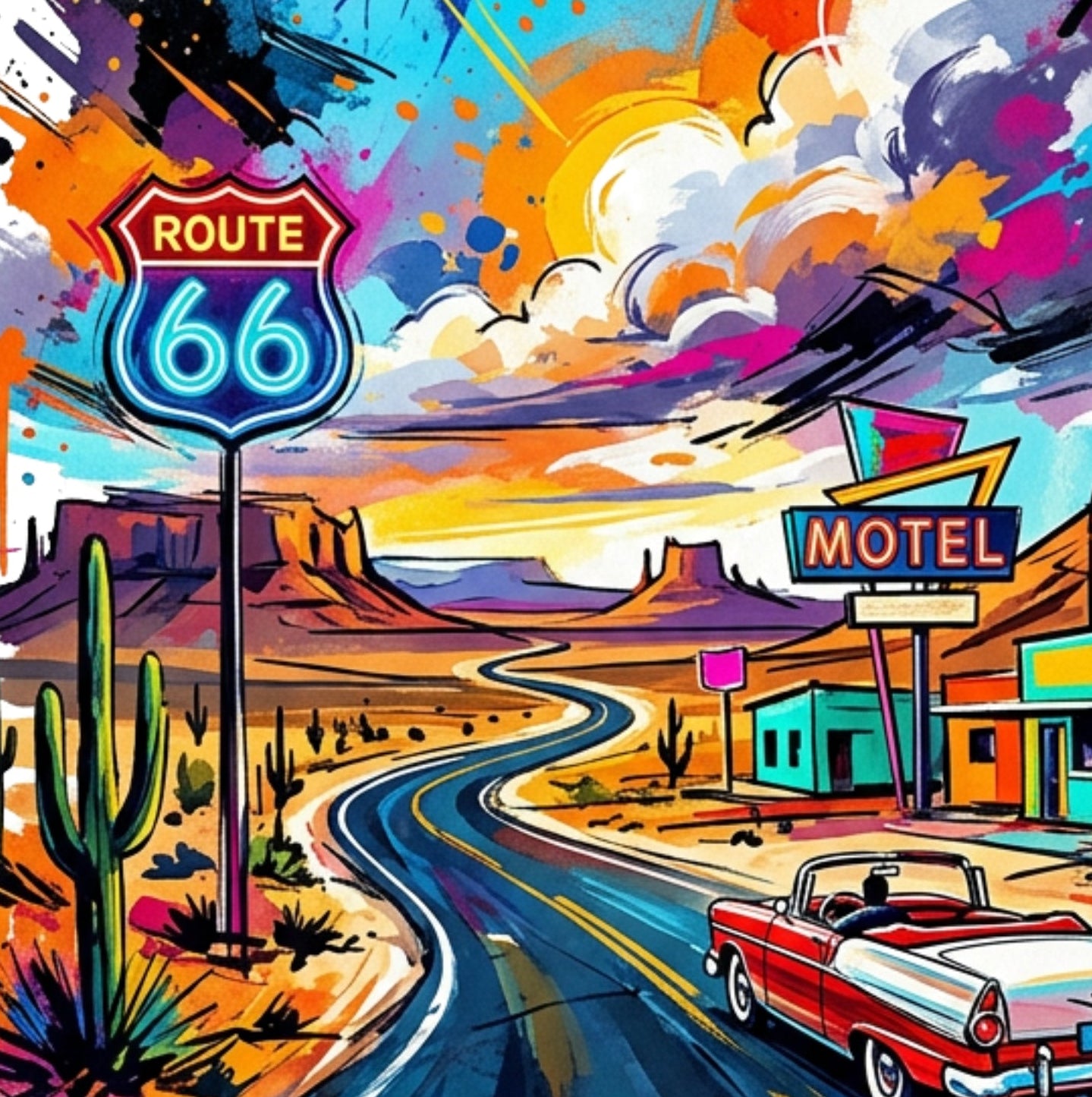 Route 66 Coloursplash Travel Print – Modern Americana Wall Art