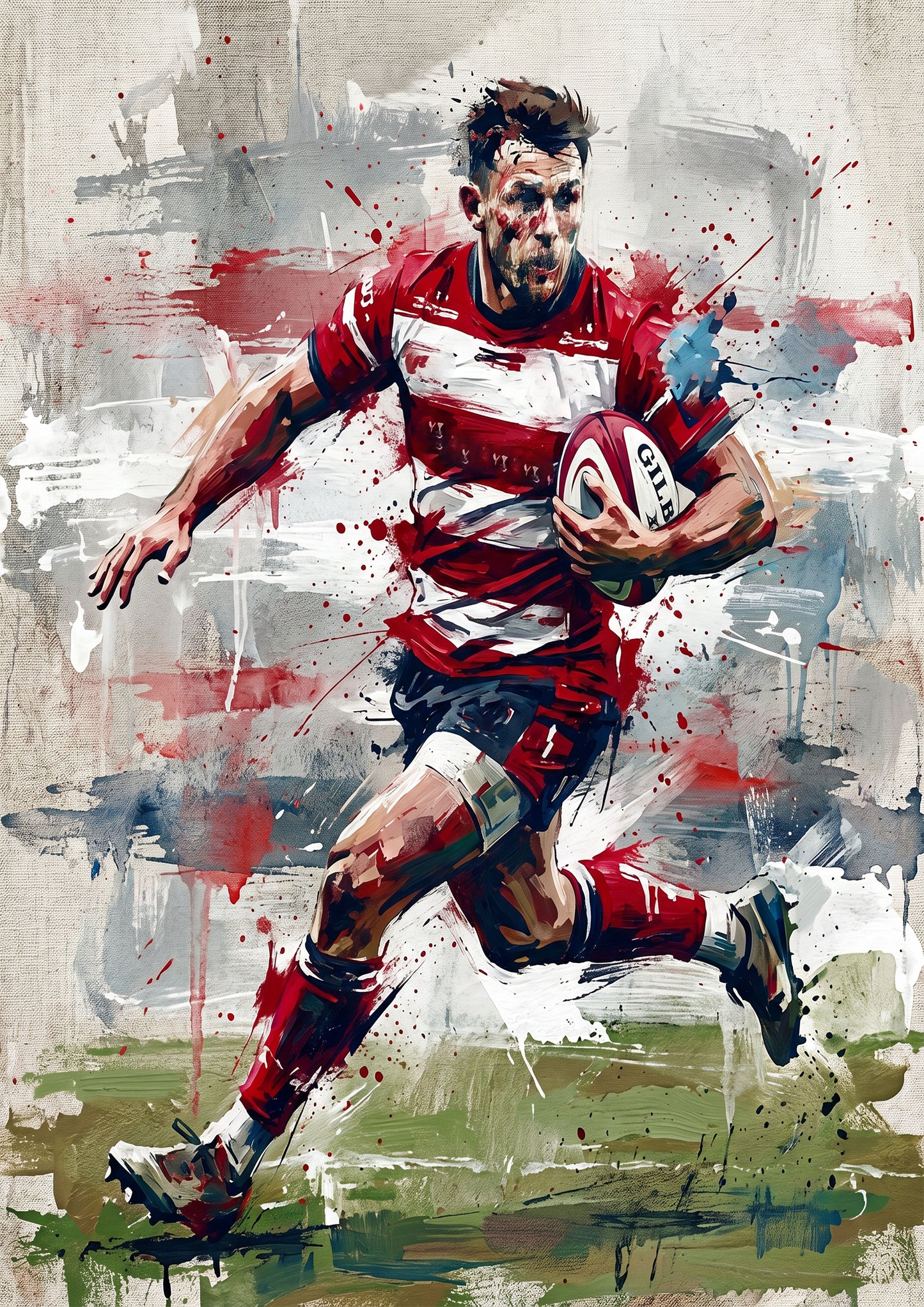 Gloucester Rugby Inspired Art Print – Dynamic Red & White Expressive Sports Artwork