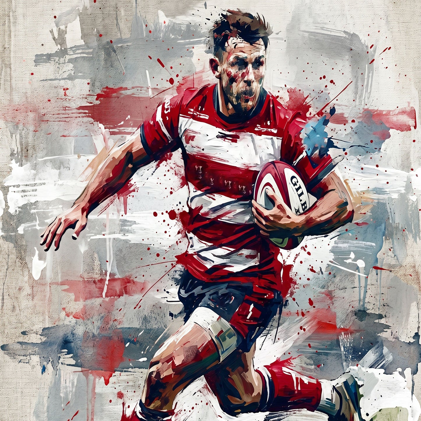 Gloucester Rugby Inspired Art Print – Dynamic Red & White Expressive Sports Artwork