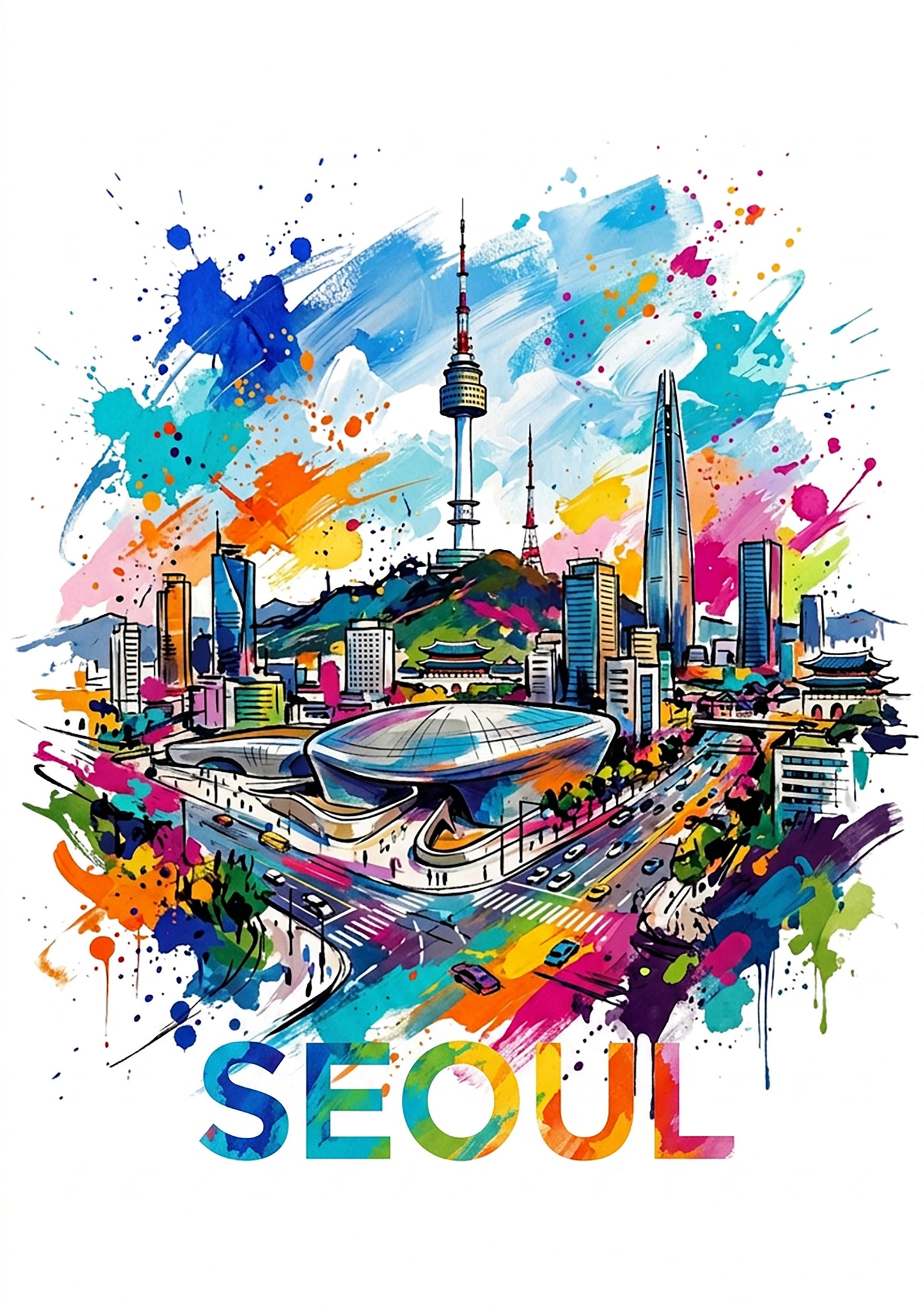 Seoul colorsplash art print with watercolor city skyline and bold “SEOUL” lettering
