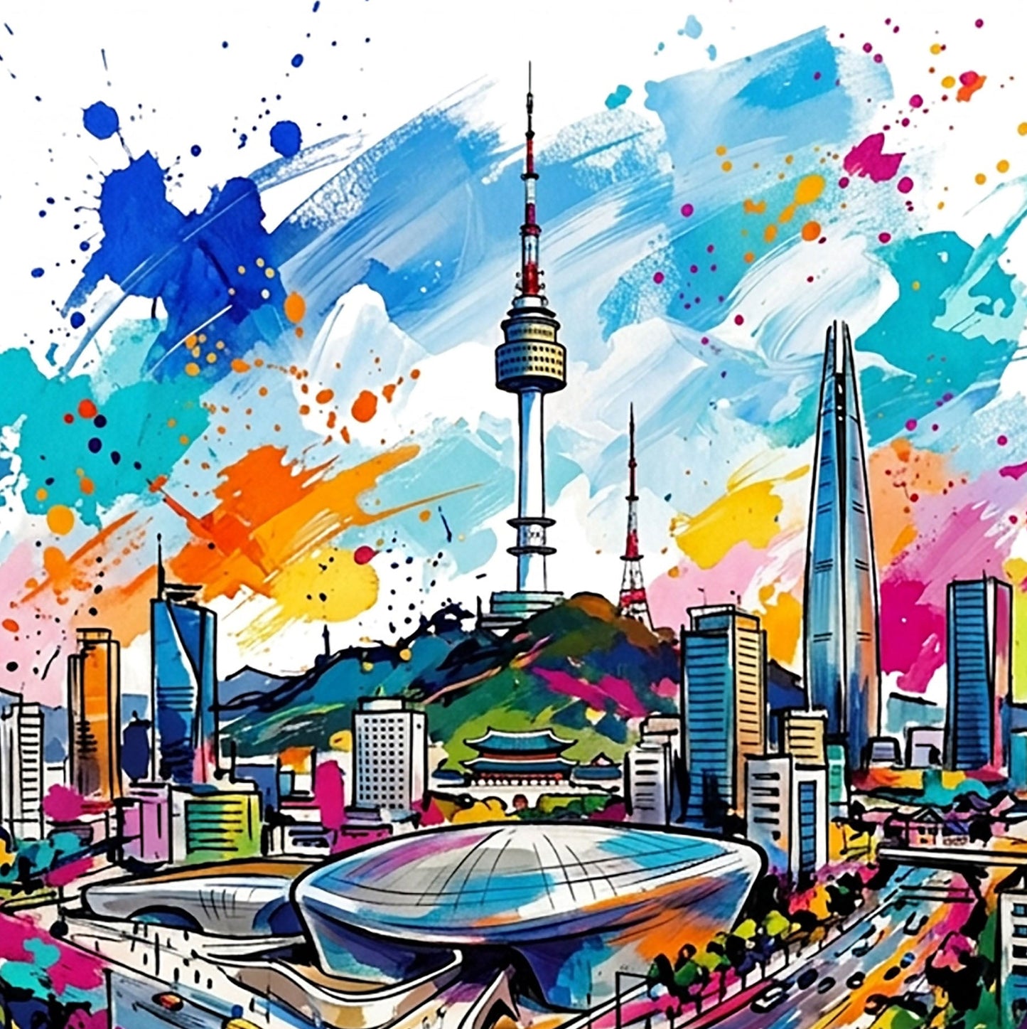 Colorful Seoul skyline illustration with splash paint accents and “SEOUL” word at bottom