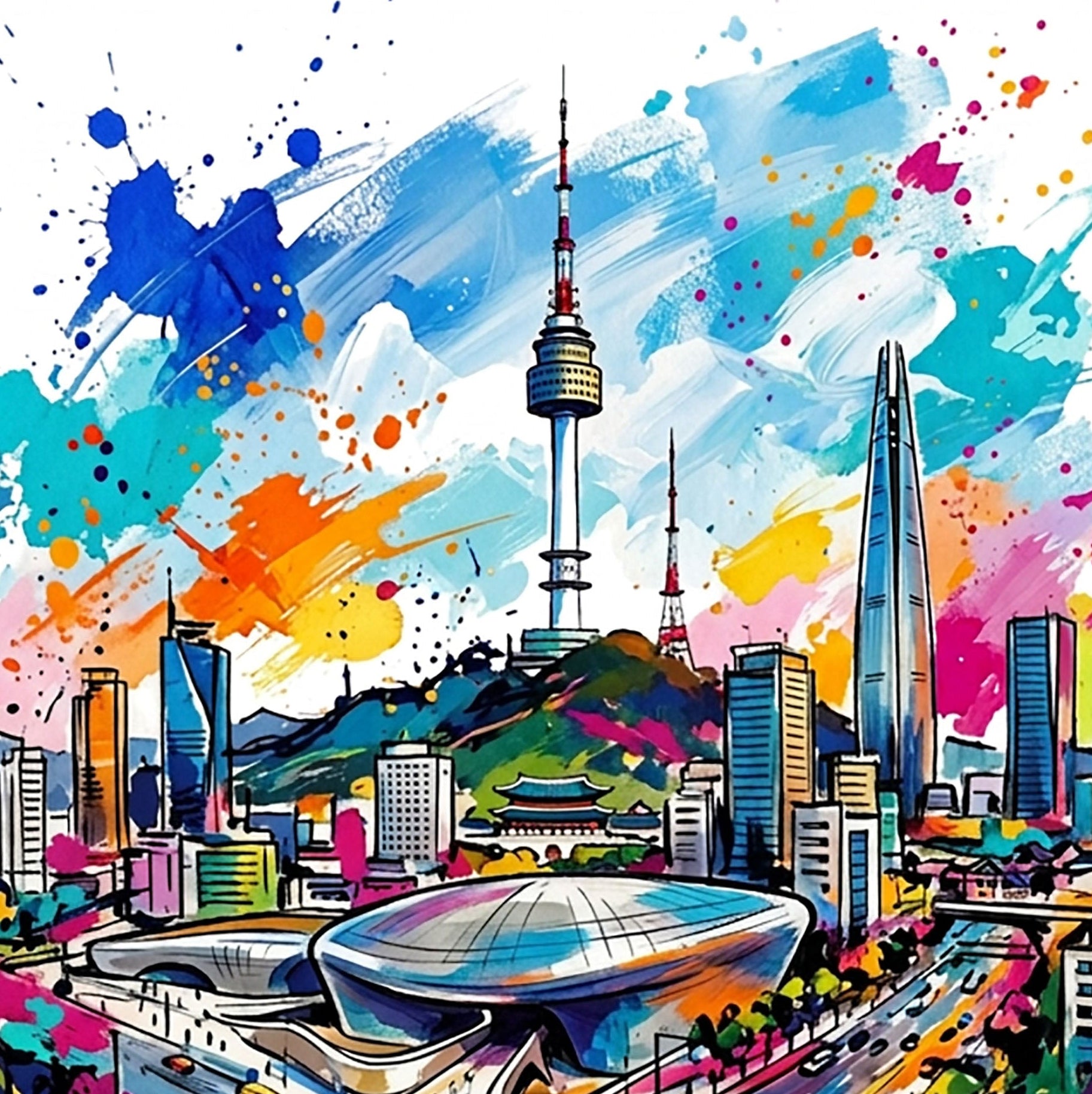 Colorful Seoul skyline illustration with splash paint accents and “SEOUL” word at bottom