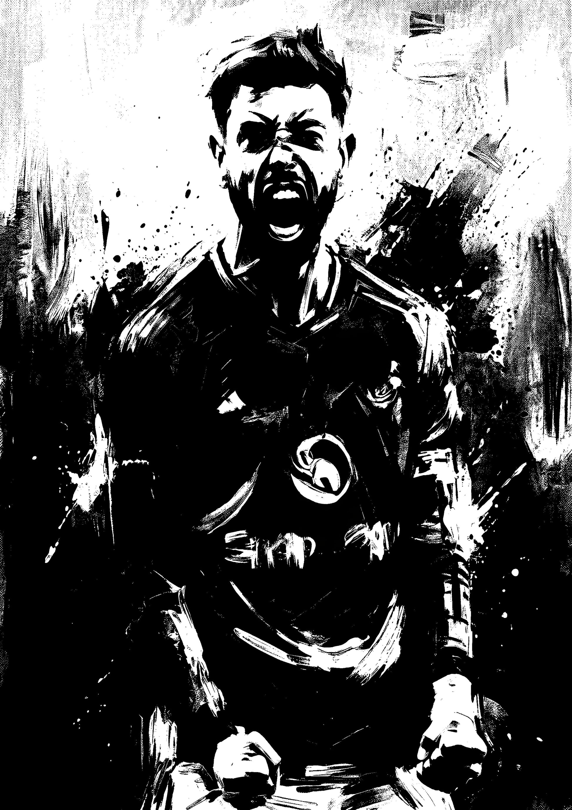 Black-and-white football player celebration art print with bold ink splatter portrait