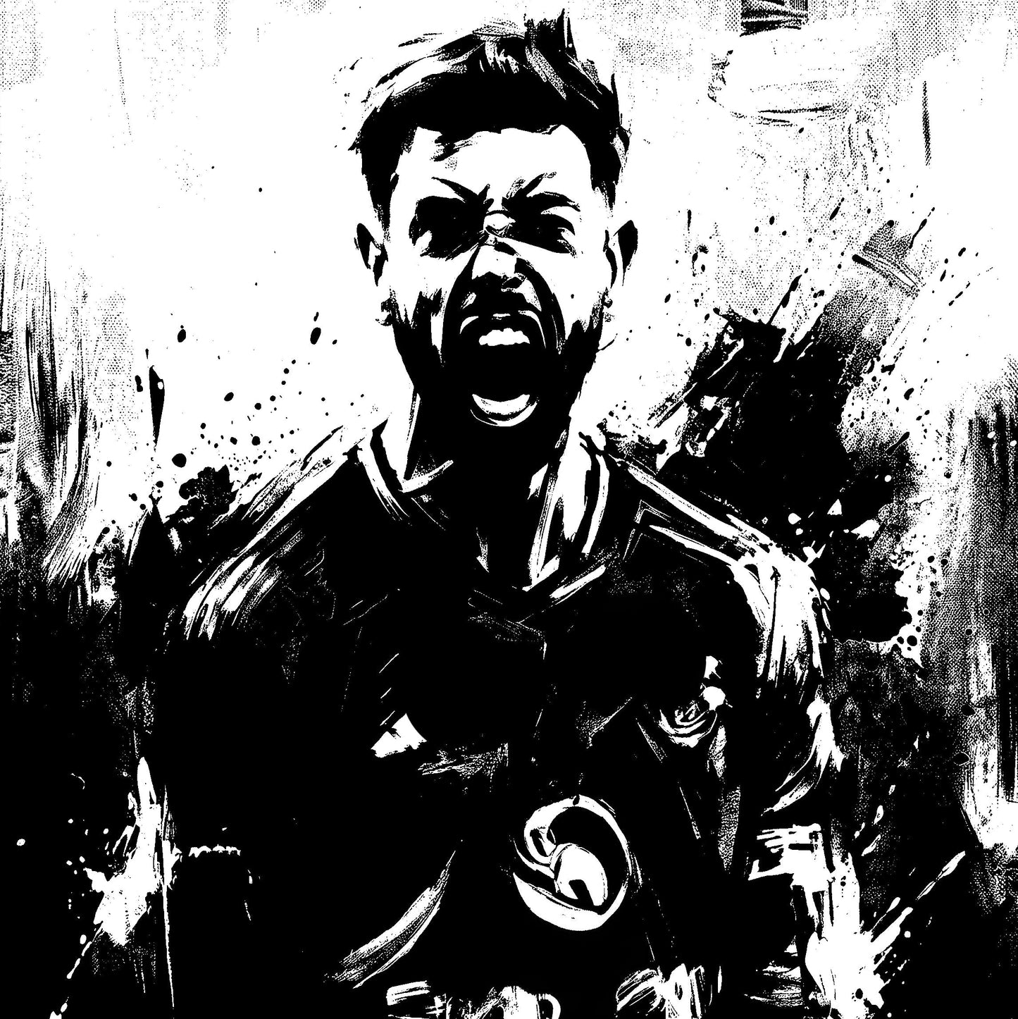 Close-up black-and-white football player celebration art print with high-contrast ink portrait
