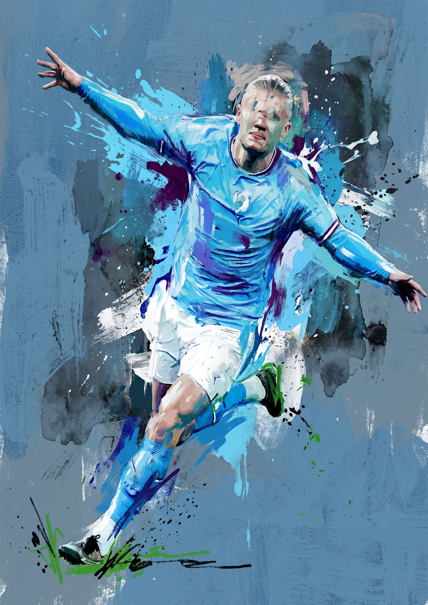 Expressive Sky‑Blue Football Celebration Art Print – Dynamic Abstract Sports Artwork