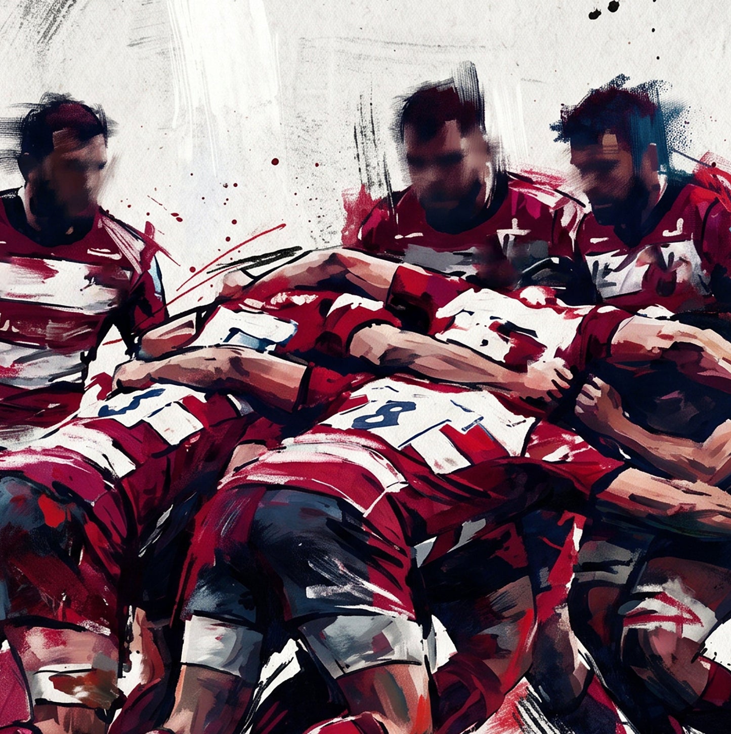 Gloucester Rugby Inspired Scrum Art Print – Dynamic Red & White Expressive Sports Artwork