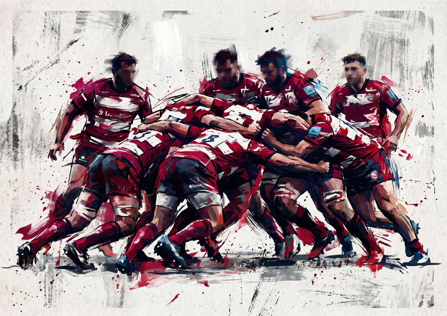 Gloucester Rugby Inspired Scrum Art Print – Dynamic Red & White Expressive Sports Artwork