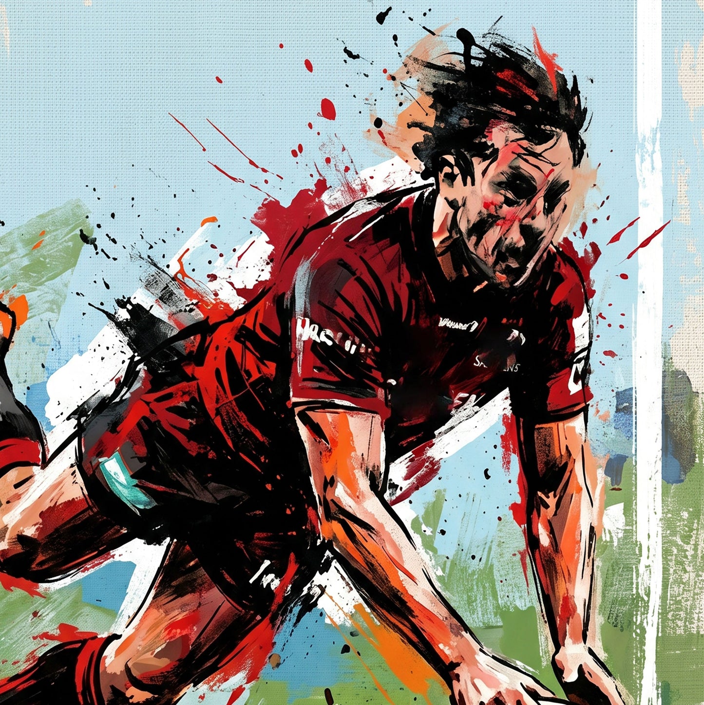 Saracens Inspired Try‑Scoring Rugby Art Print – Dynamic Red & Black Expressive Sports Artwork