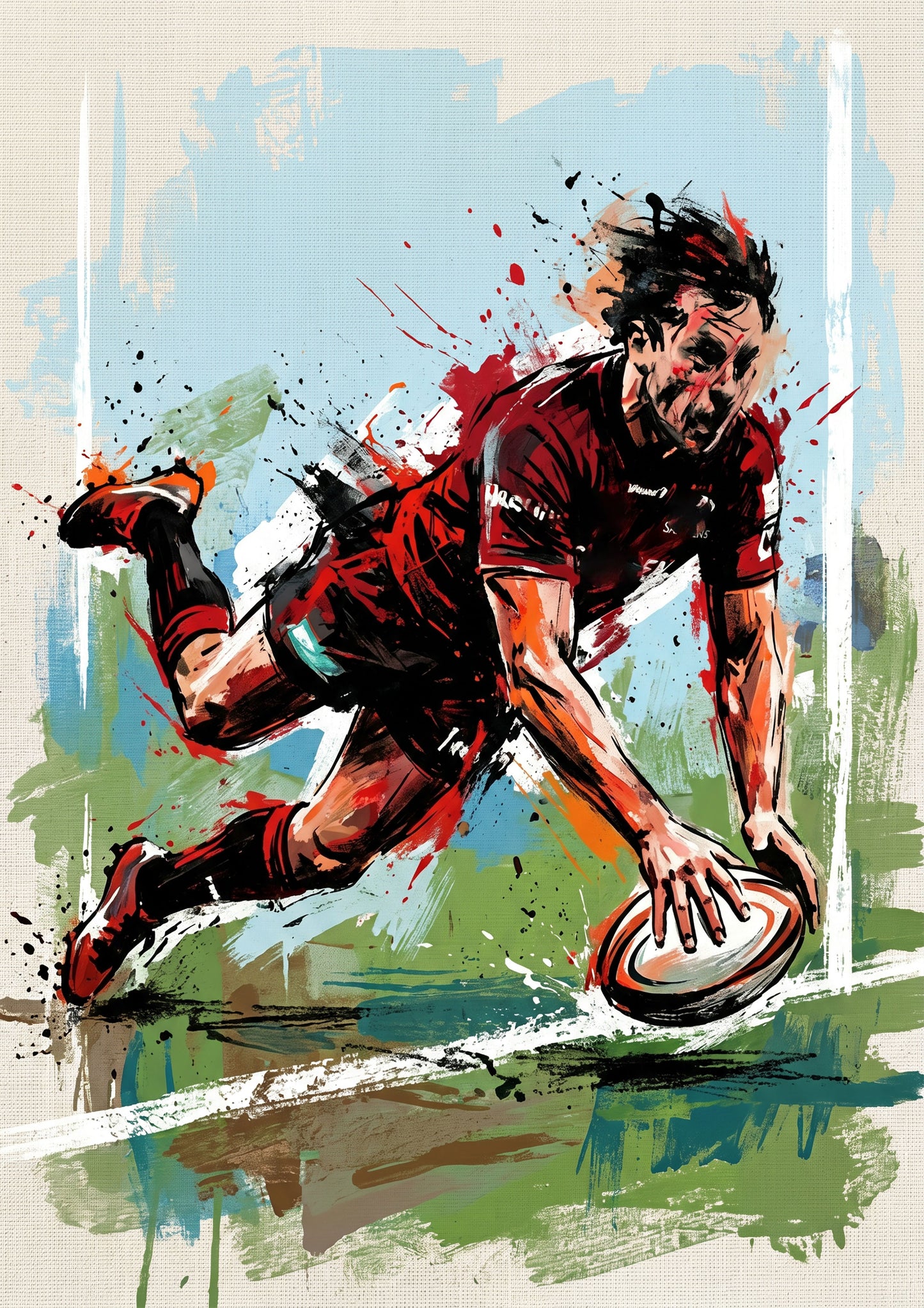 Saracens Inspired Try‑Scoring Rugby Art Print – Dynamic Red & Black Expressive Sports Artwork