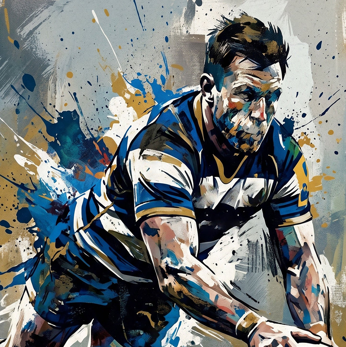 Bath Rugby Inspired Try‑Scoring Art Print – Dynamic Blue & White Expressive Sports Artwork