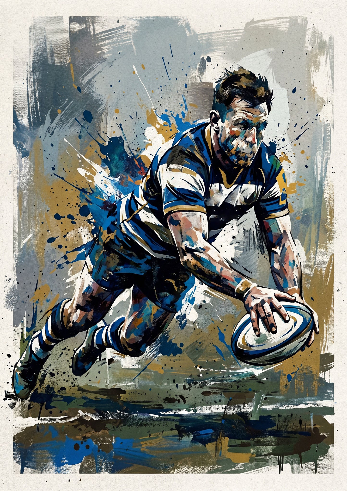 Bath Rugby Inspired Try‑Scoring Art Print – Dynamic Blue & White Expressive Sports Artwork