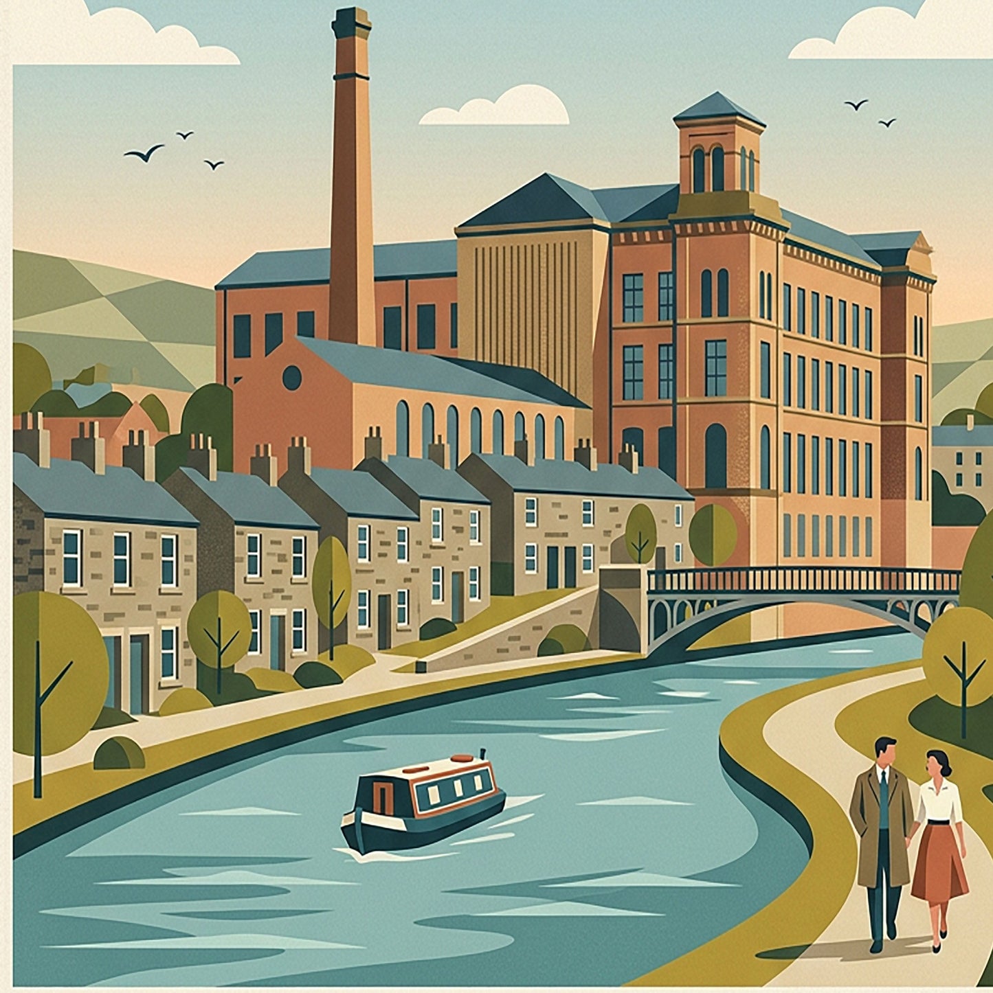 Saltaire Retro Travel Print – Mid‑Century Yorkshire Wall Art
