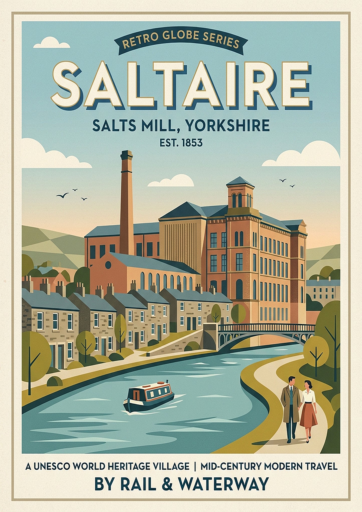 Saltaire Retro Travel Print – Mid‑Century Yorkshire Wall Art