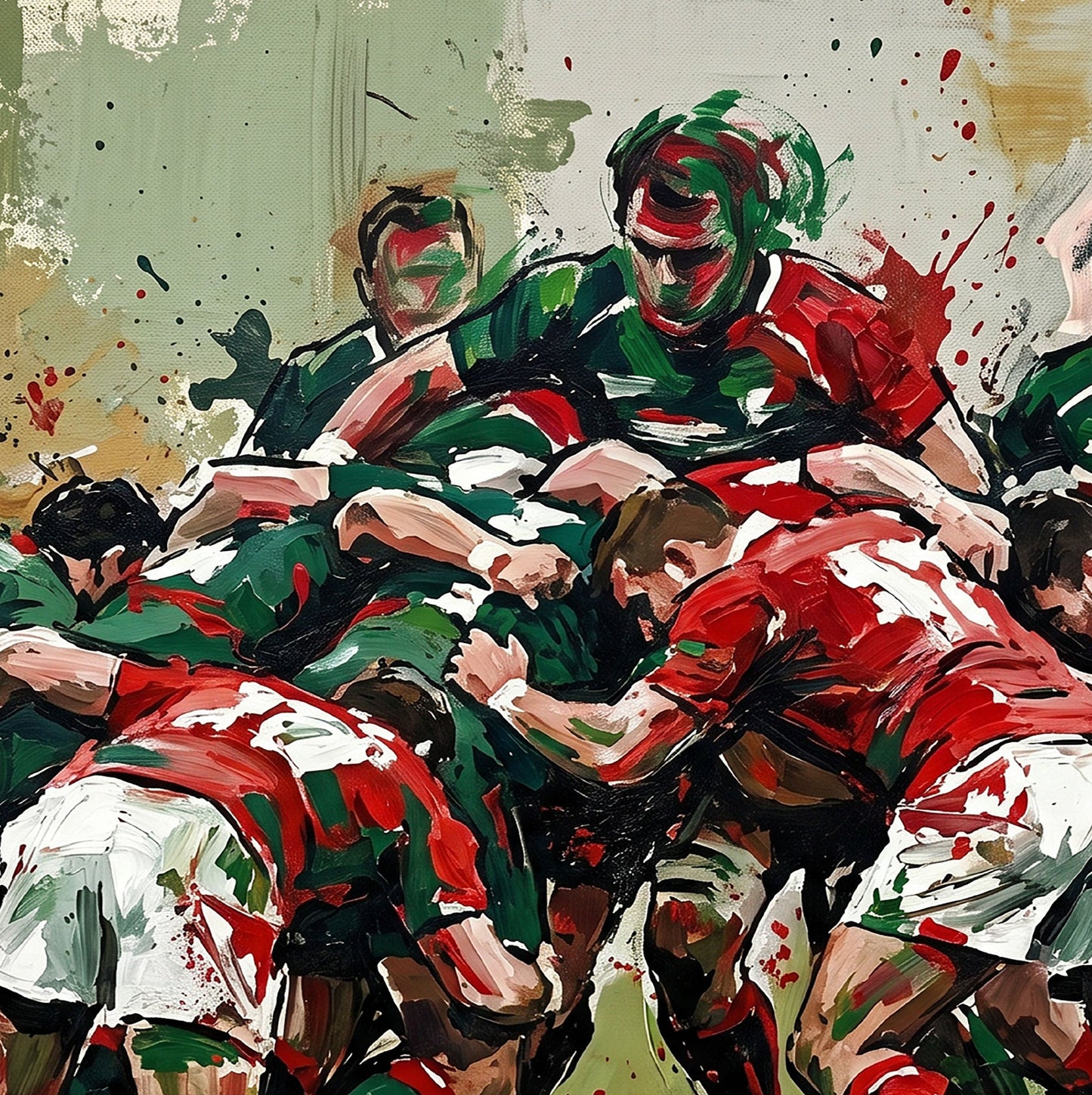 Leicester Tigers Inspired Scrum Art Print – Dynamic Green & Red Expressive Sports Artwork