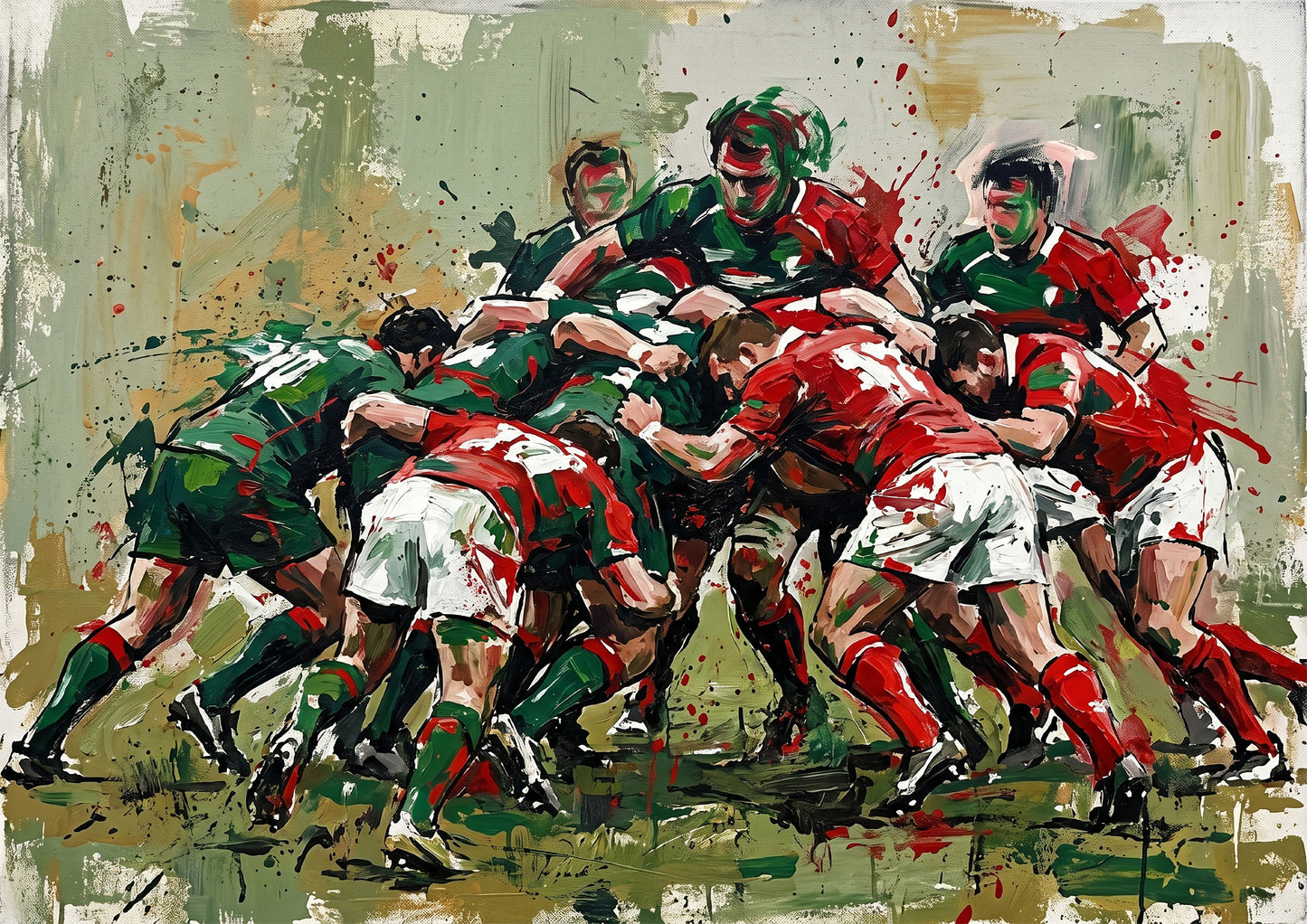 Leicester Tigers Inspired Scrum Art Print – Dynamic Green & Red Expressive Sports Artwork