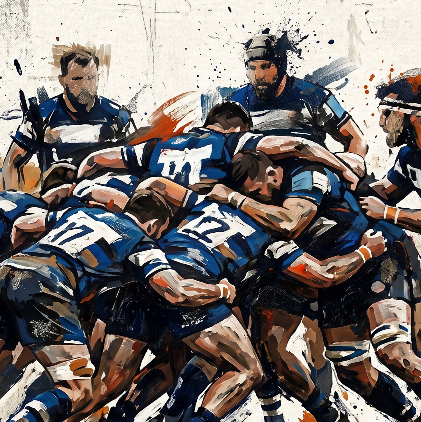 Bath Rugby Inspired Scrum Art Print – Dynamic Blue & White Expressive Sports Artwork