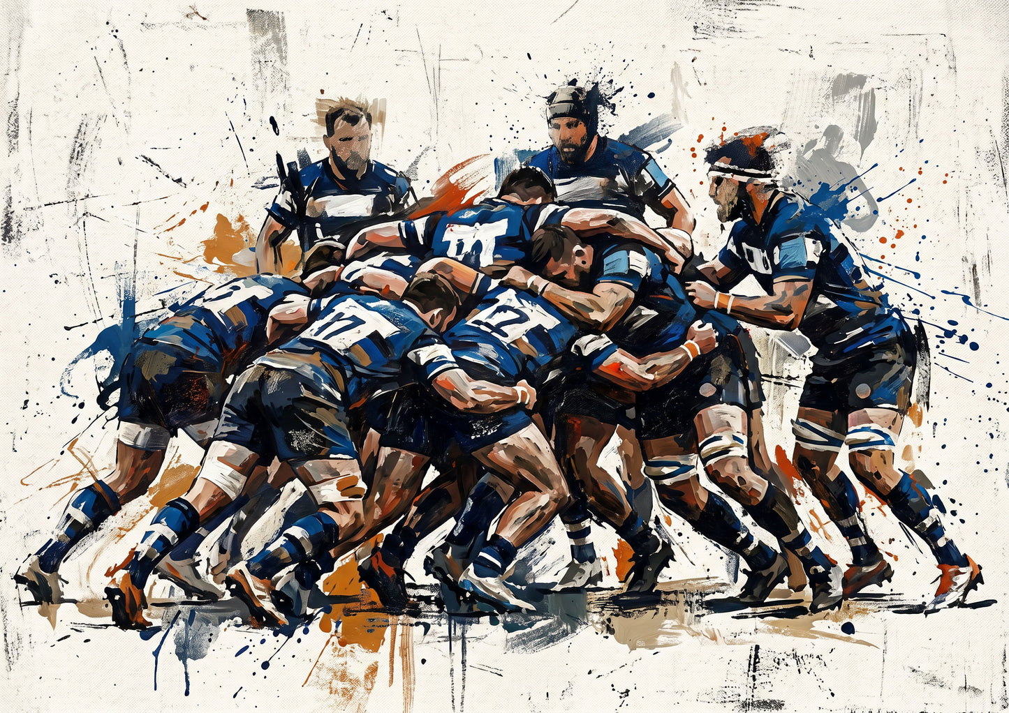 Bath Rugby Inspired Scrum Art Print – Dynamic Blue & White Expressive Sports Artwork