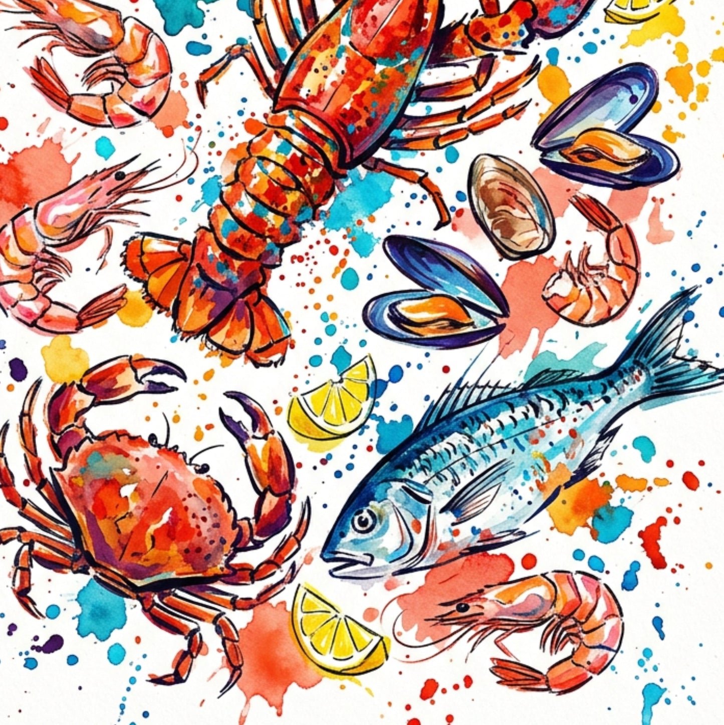 Seafood Feast Coloursplash Coastal Print – Modern Nautical Wall Art