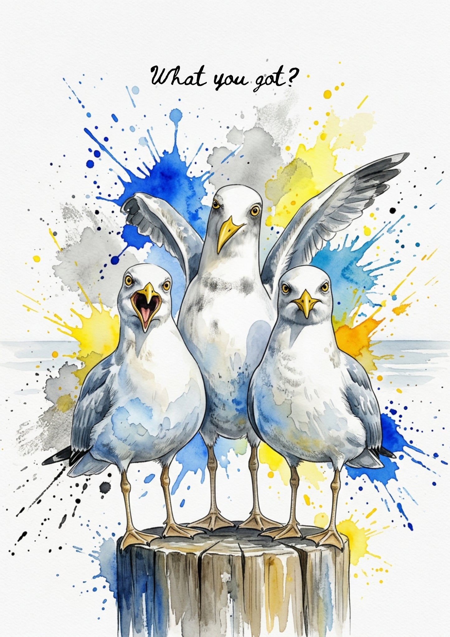 Seagulls “What You Got?” Coloursplash Coastal Print – Modern Nautical Wall Art