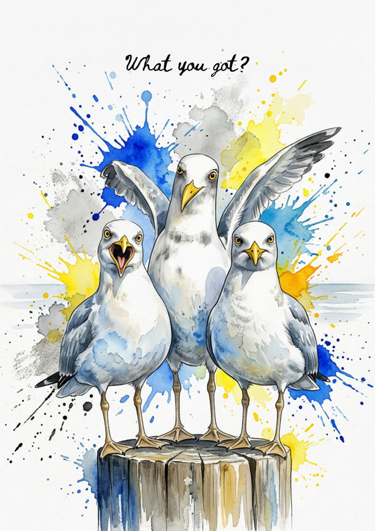 Seagulls “What You Got?” Coloursplash Coastal Print – Modern Nautical Wall Art