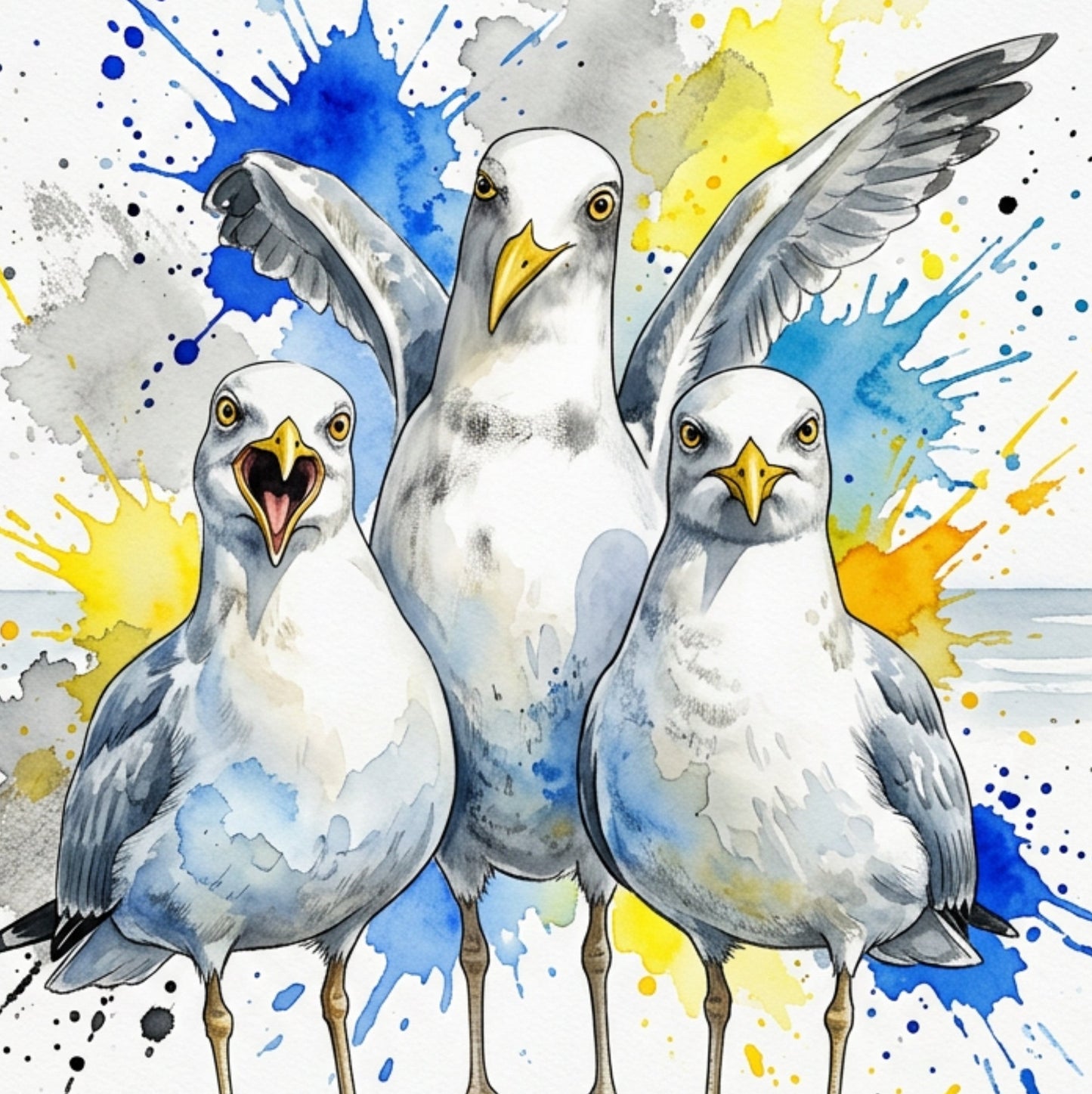 Seagulls “What You Got?” Coloursplash Coastal Print – Modern Nautical Wall Art