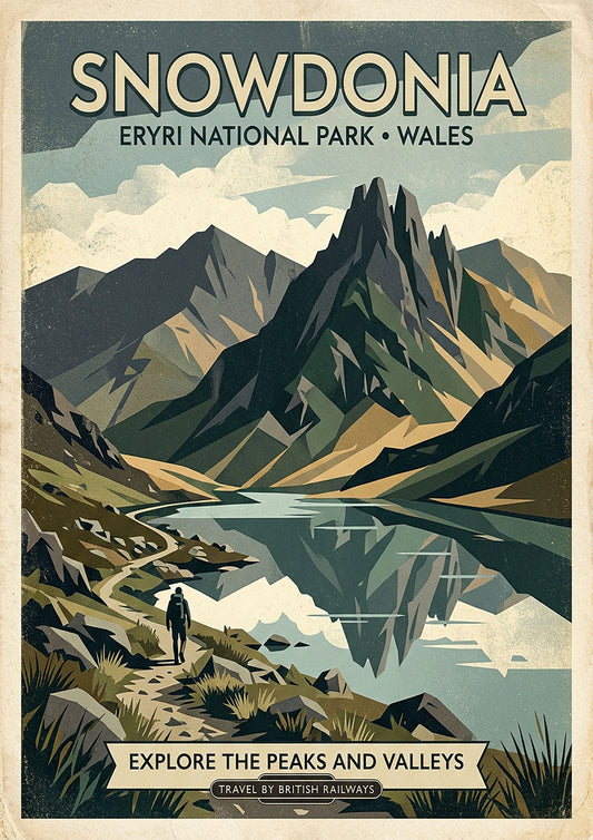 Snowdonia Eryri National Park Art Print – Vintage‑Style Mountain Travel Poster