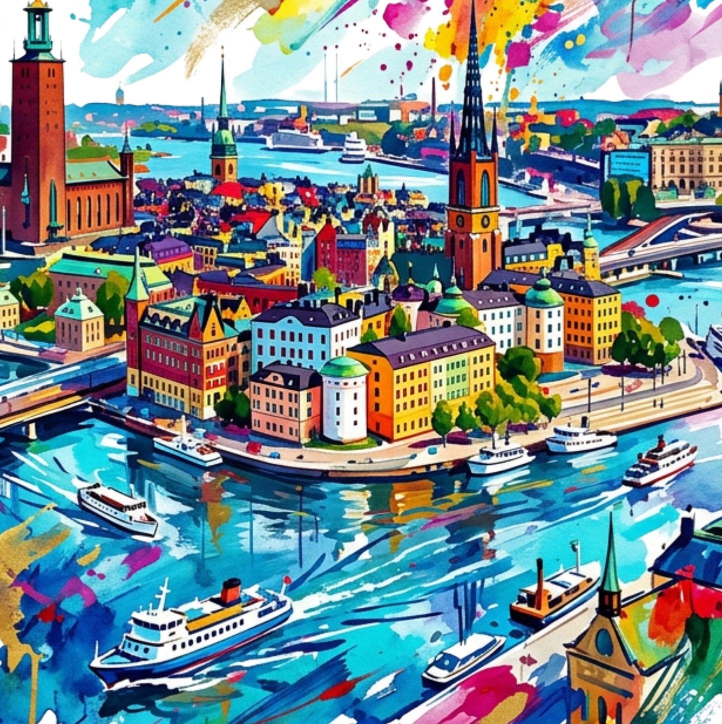 Stockholm Coloursplash Travel Print – Modern Sweden Wall Art