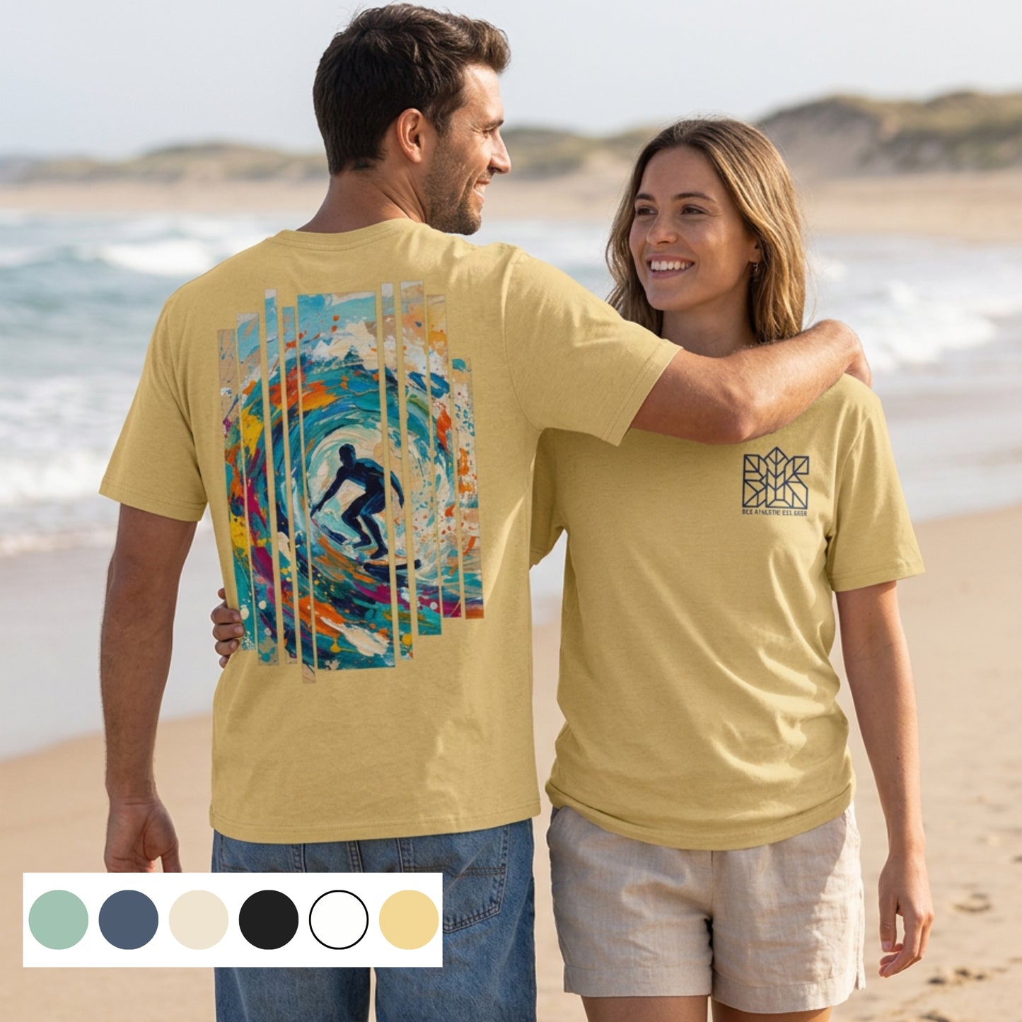 Unisex surf ritual tee, crew-neck honey graphic wave surfer on back, small chest mark
