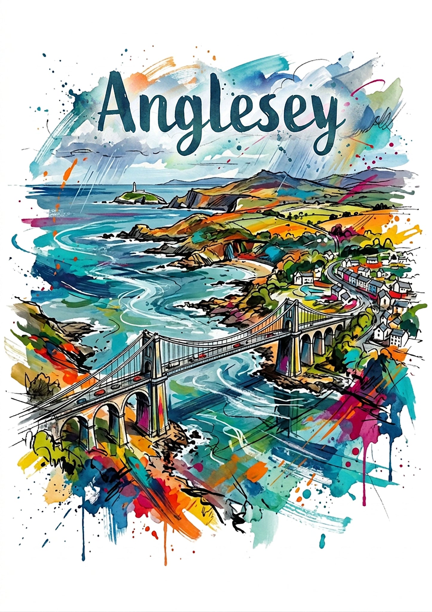 Coastal bridge illustration art print with vibrant watercolor splashes and bright sea waves