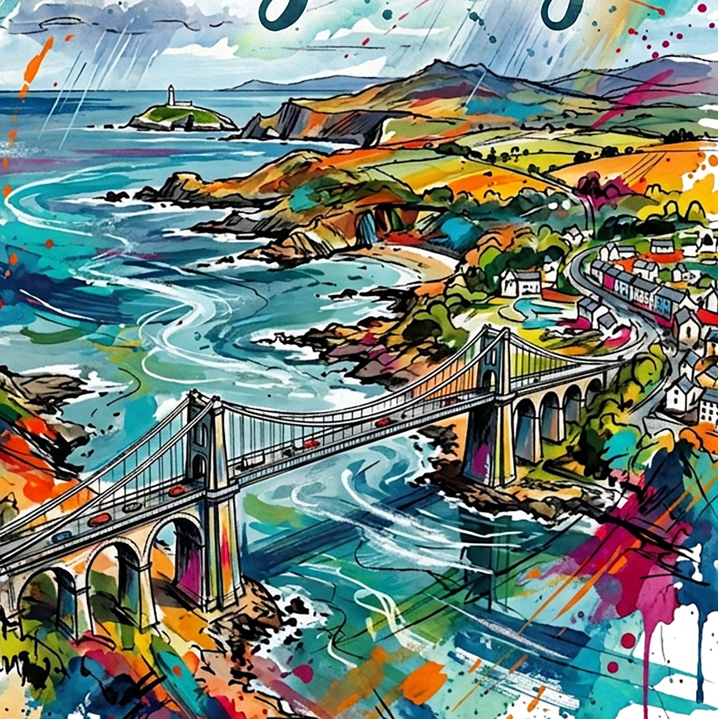Close-up coastal bridge illustration with turquoise waves, colorful houses, and paint splashes