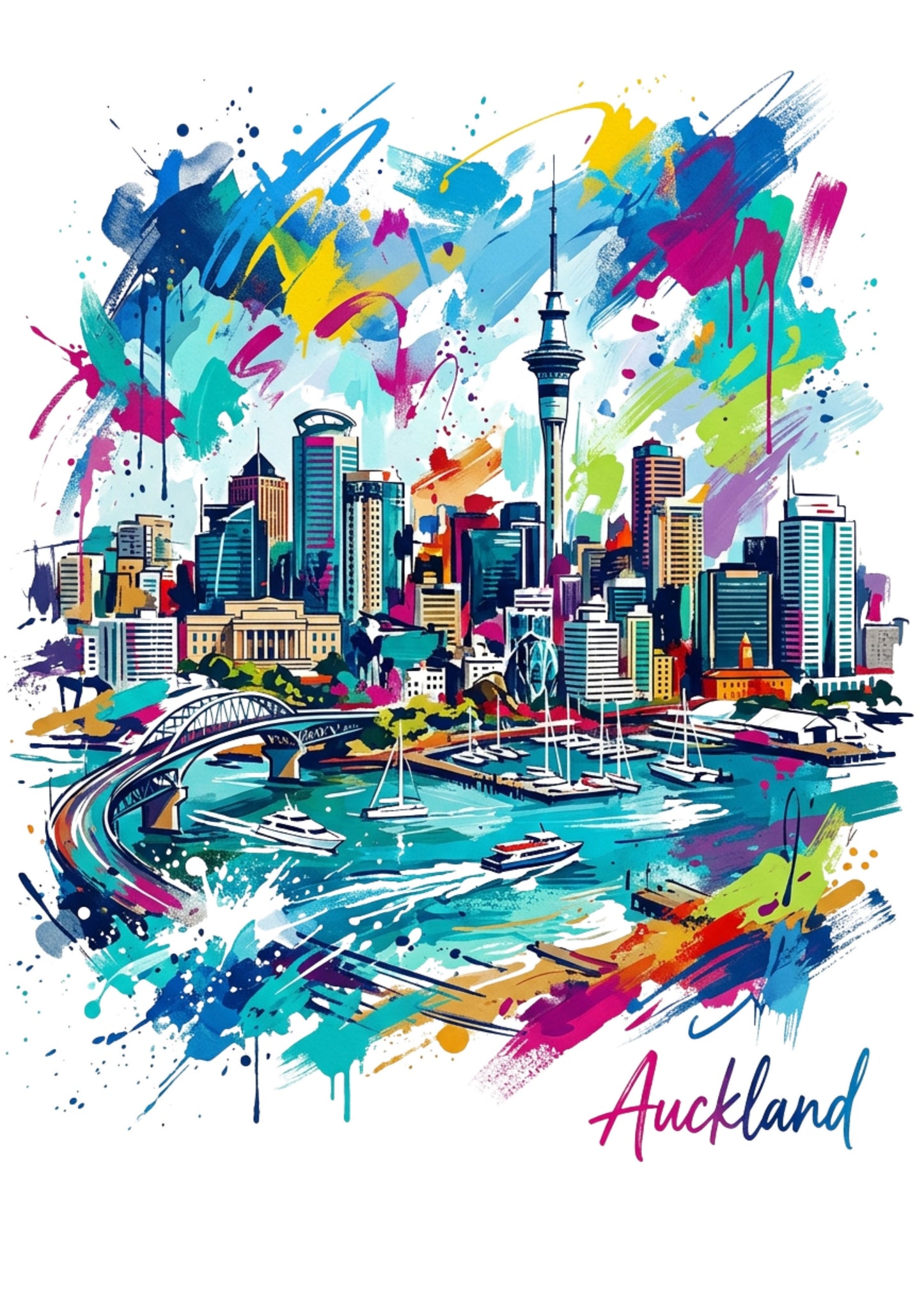 Auckland city skyline art print with colorful paint splashes and harbor boats