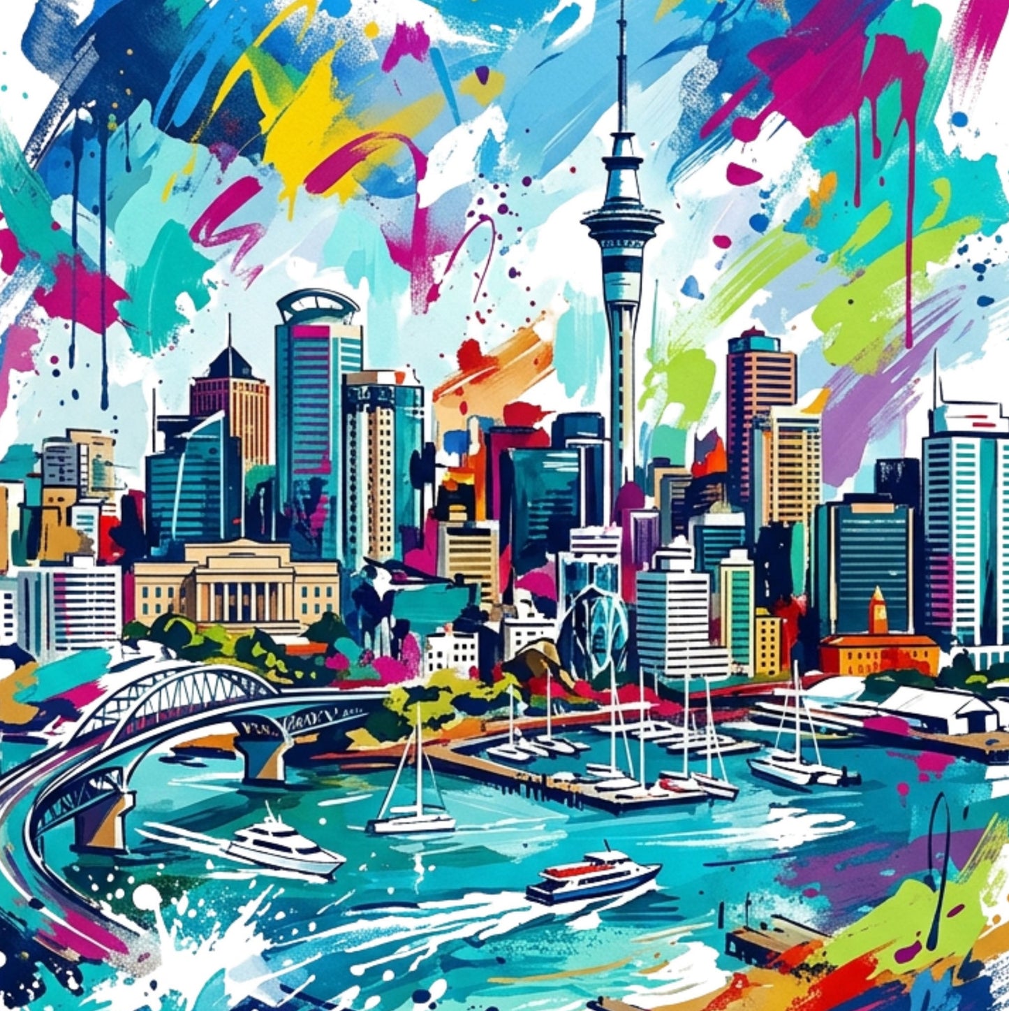 Colorful Auckland skyline art print with turquoise harbor and scattered paint splatter