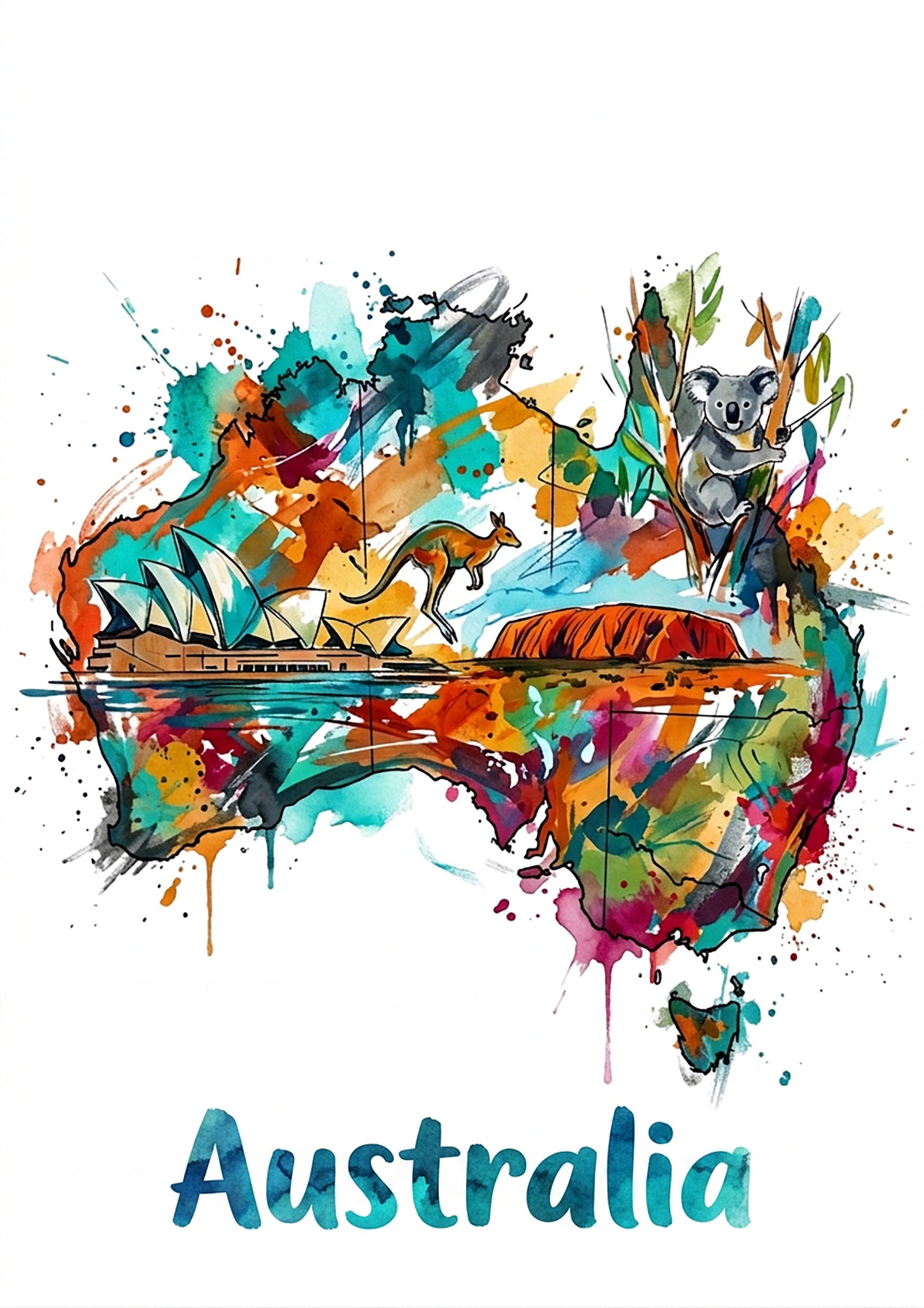 Australia art print with colorful map splashes, kangaroo, koala, and 'Australia' text