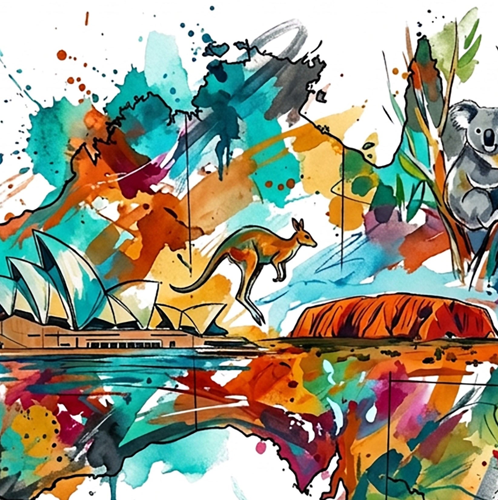 Close-up Australia map splash illustration with kangaroo, koala, and vivid paint colors