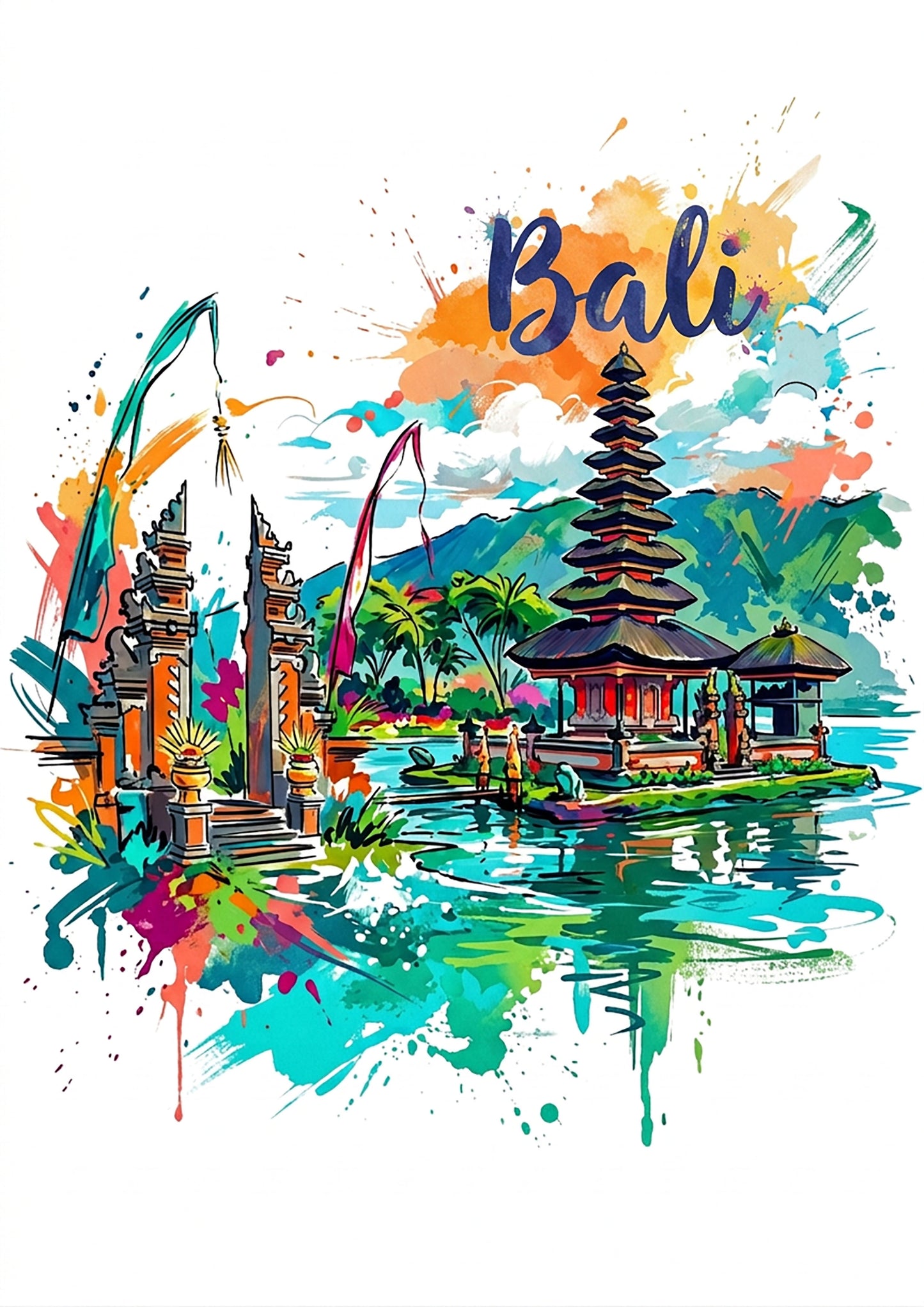 Bali temple landscape art print with pagoda and colorful water splatter